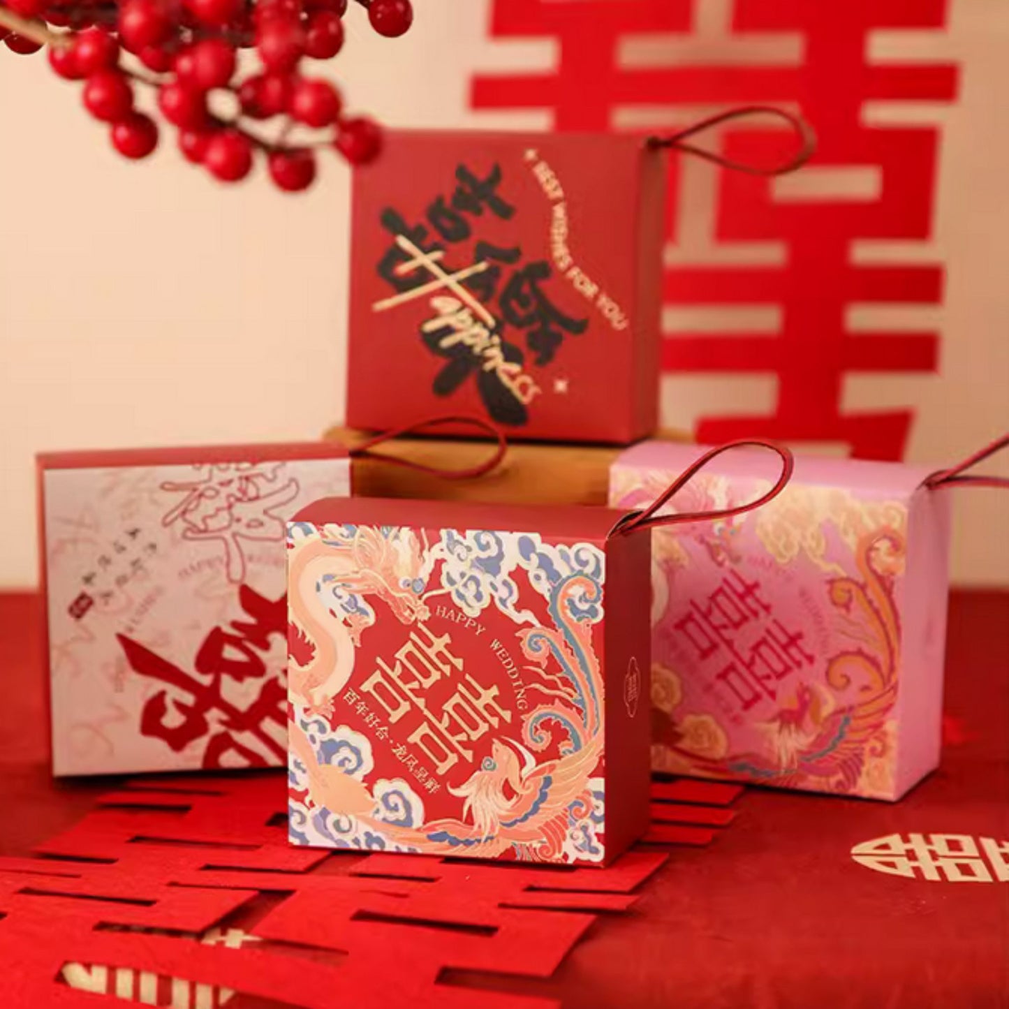 Pink Dragon and Phoenix Wedding Favour Gift Box 龙凤粉彩百年好合