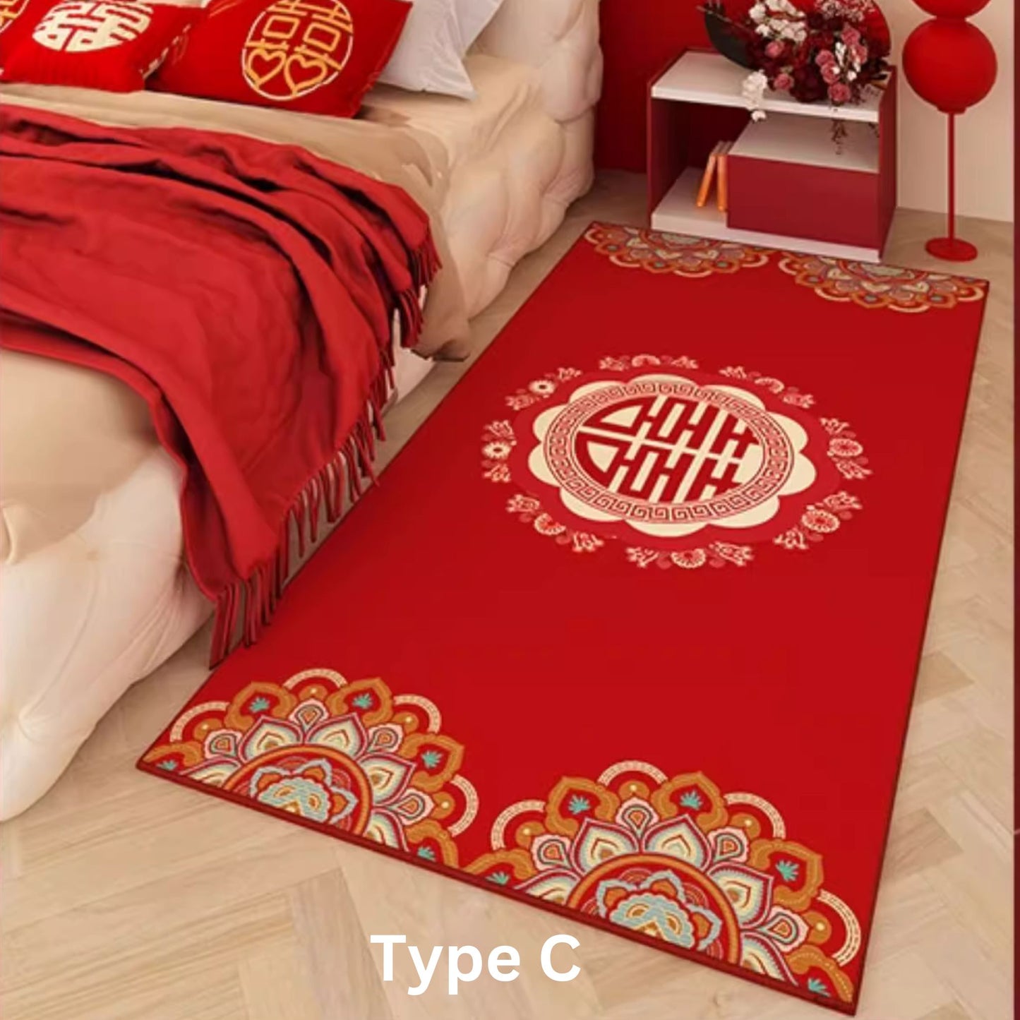 Retro Red Wedding 囍 Bedside Floormat