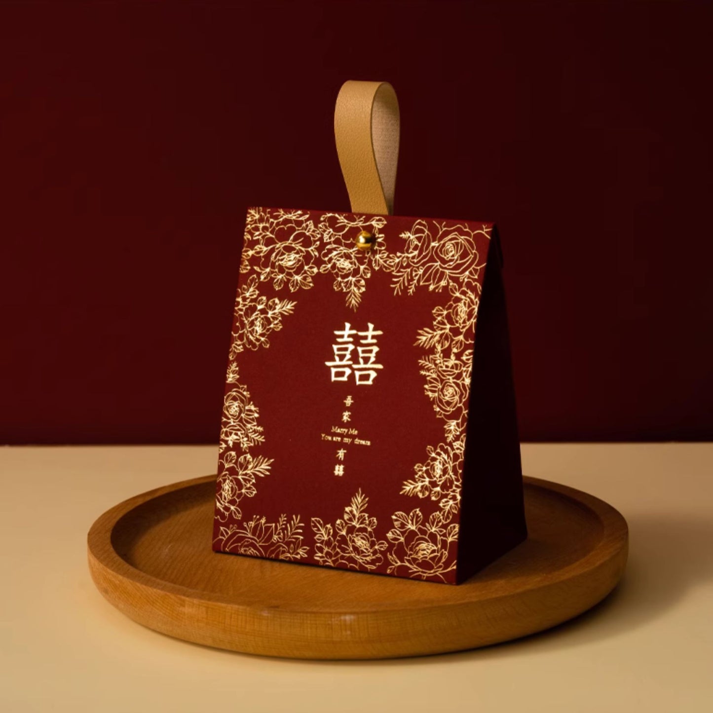 Gold Flowers Wine Red Wedding Favor Box 囍