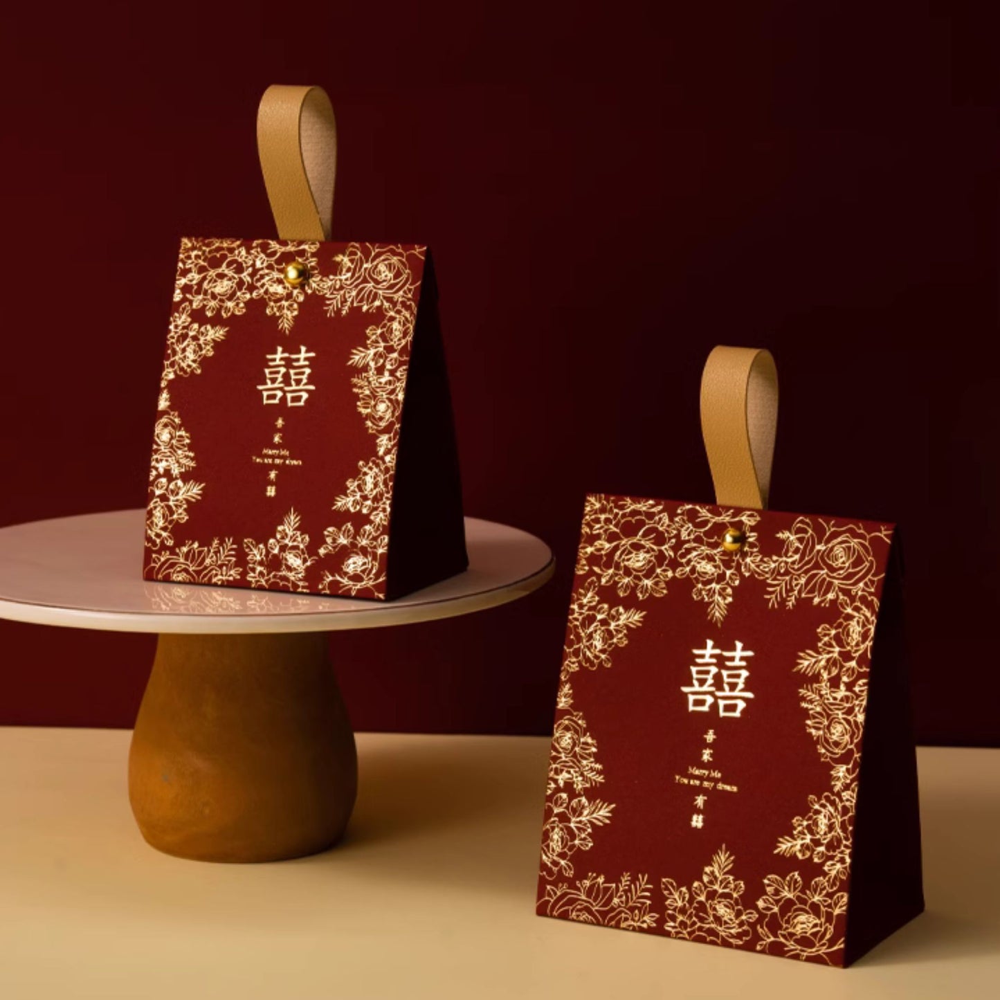 Gold Flowers Wine Red Wedding Favor Box 囍