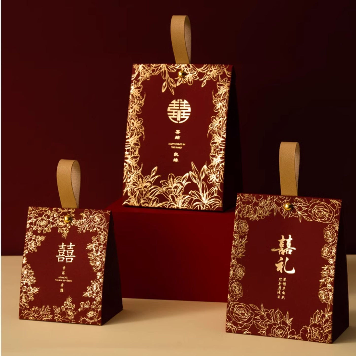 Gold Flowers Wine Red Wedding Favor Box 囍