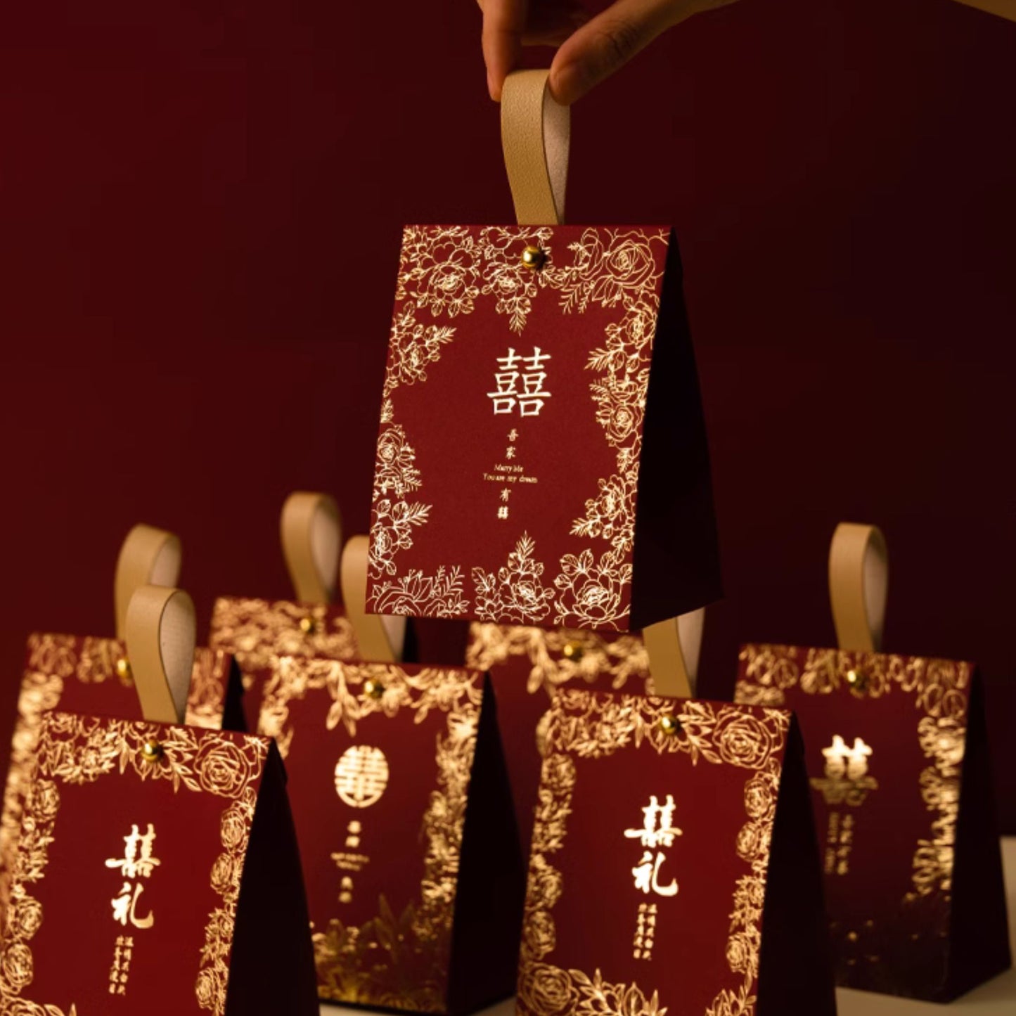 Gold Flowers Wine Red Wedding Favor Box 囍