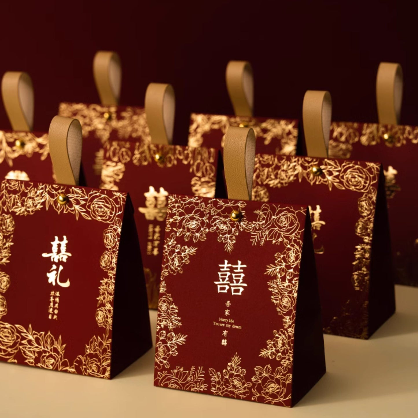 Gold Flowers Wine Red Wedding Favor Box 囍