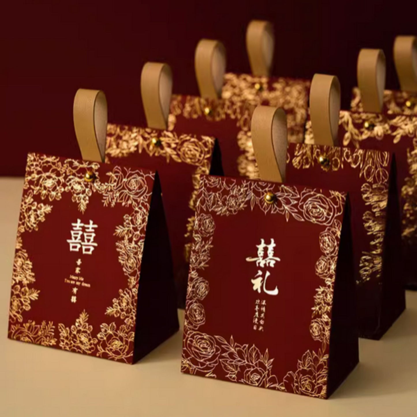 Gold Flowers Wine Red Wedding Favor Box 囍