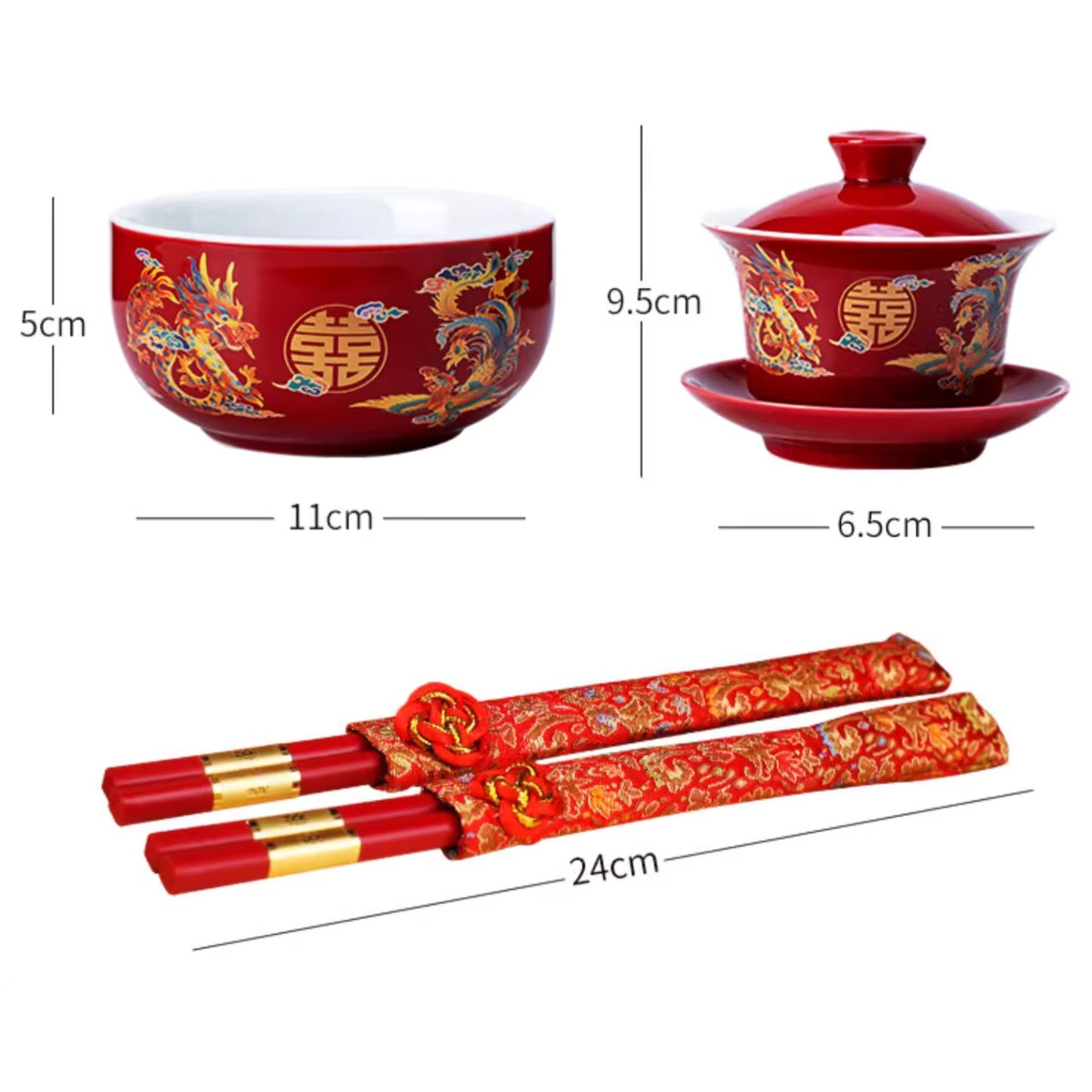 Auspicious Dragon Phoenix Red Glossy Tea Set 囍