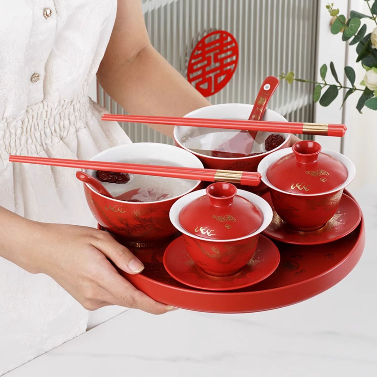 Dragon Phoenix Soaring 8-Piece Wedding Tea Set