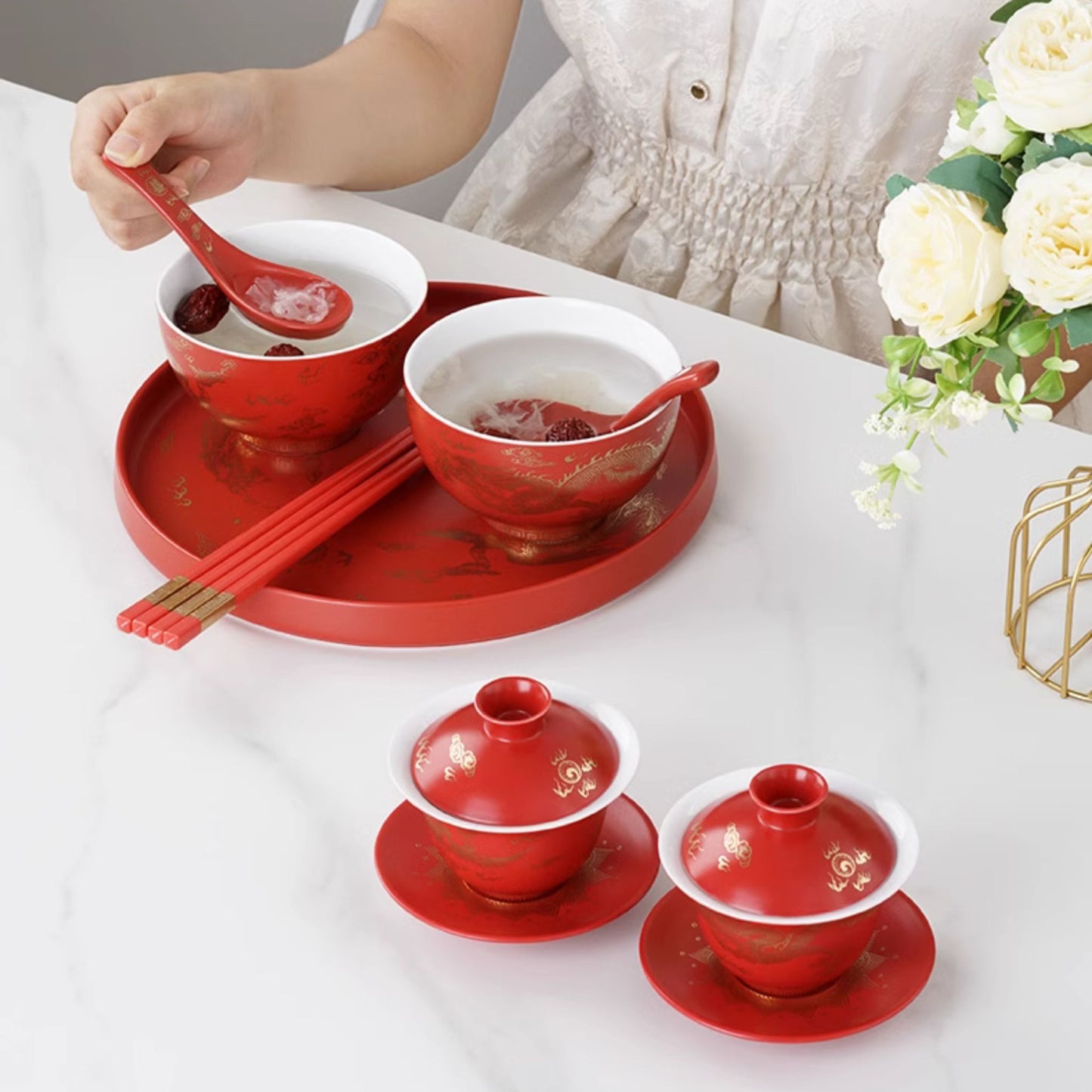 Dragon Phoenix Soaring 8-Piece Wedding Tea Set