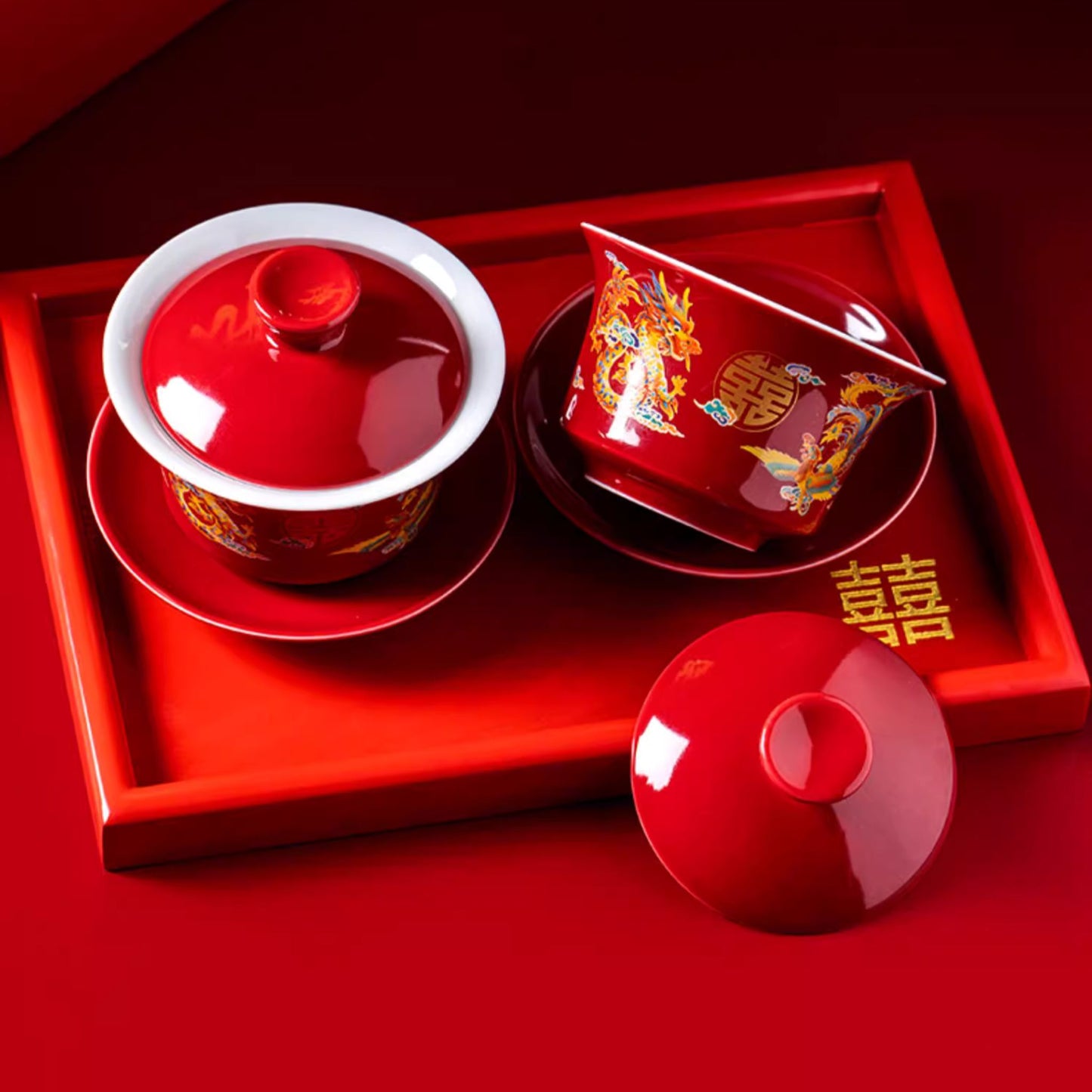 Auspicious Dragon Phoenix Red Glossy Tea Set 囍