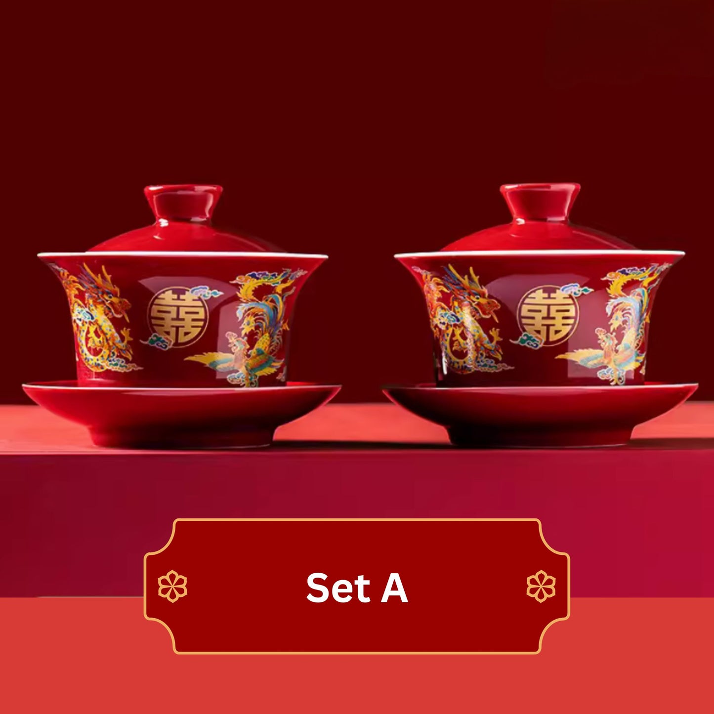 Auspicious Dragon Phoenix Red Glossy Tea Set 囍