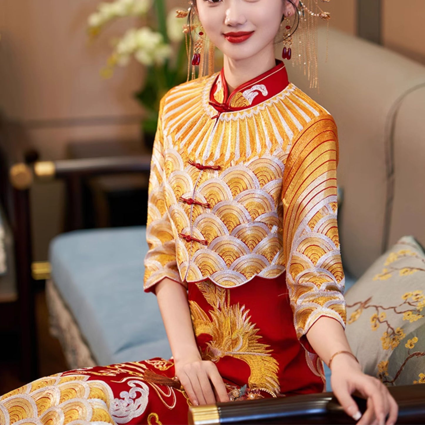 Phoenix Royal Gold Qipao Wedding Dress Xiuhefu