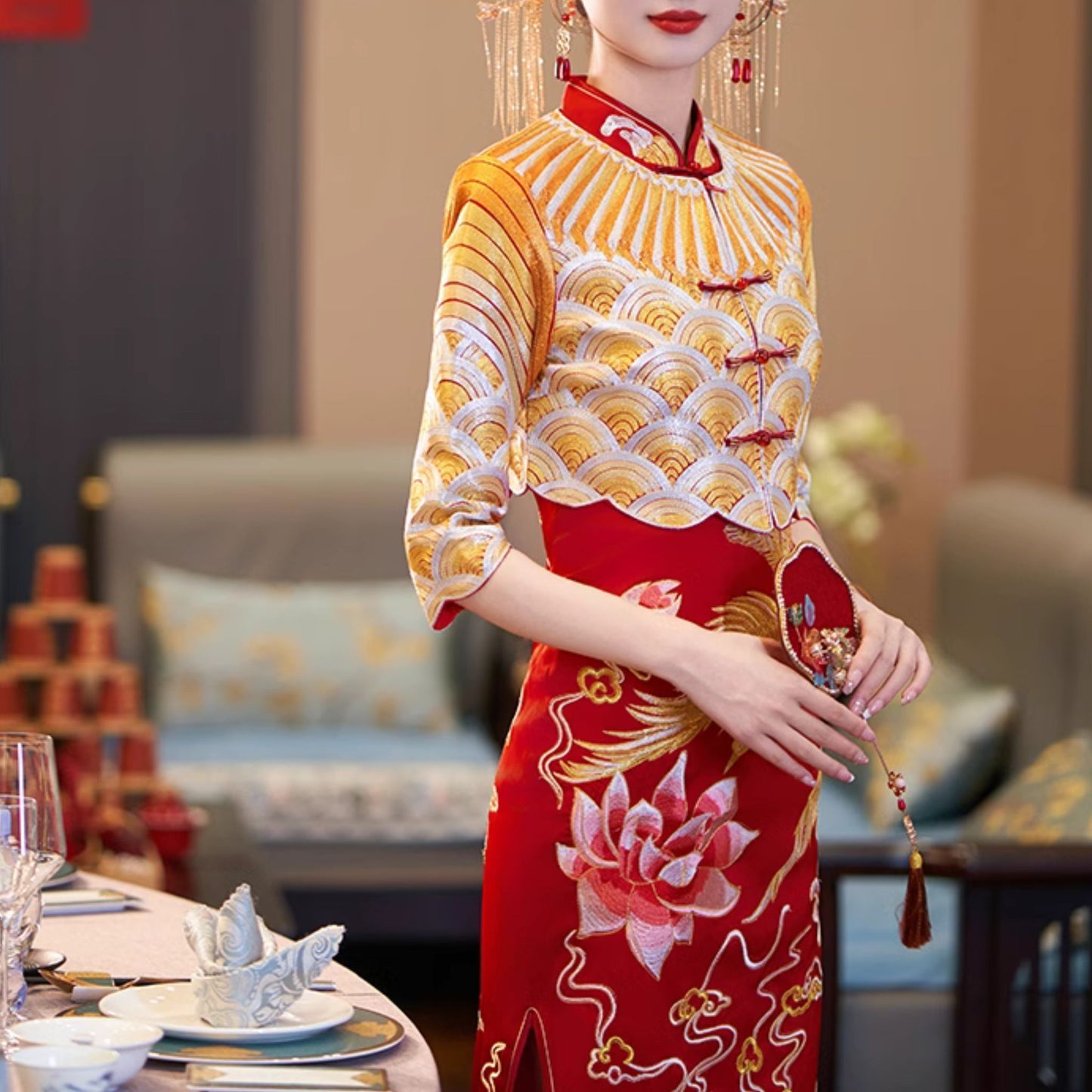 Phoenix Royal Gold Qipao Wedding Dress Xiuhefu