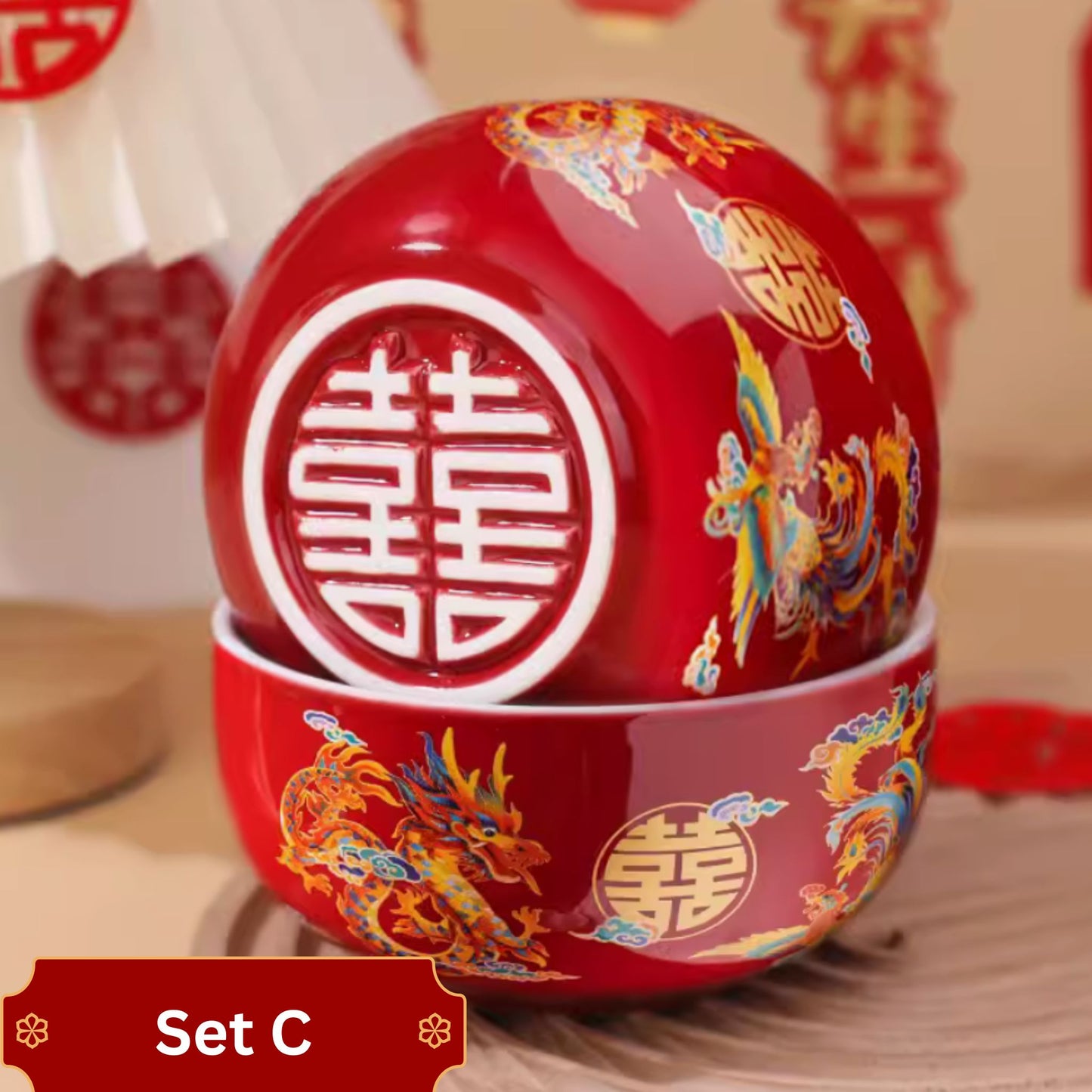 Auspicious Dragon Phoenix Red Glossy Tea Set 囍