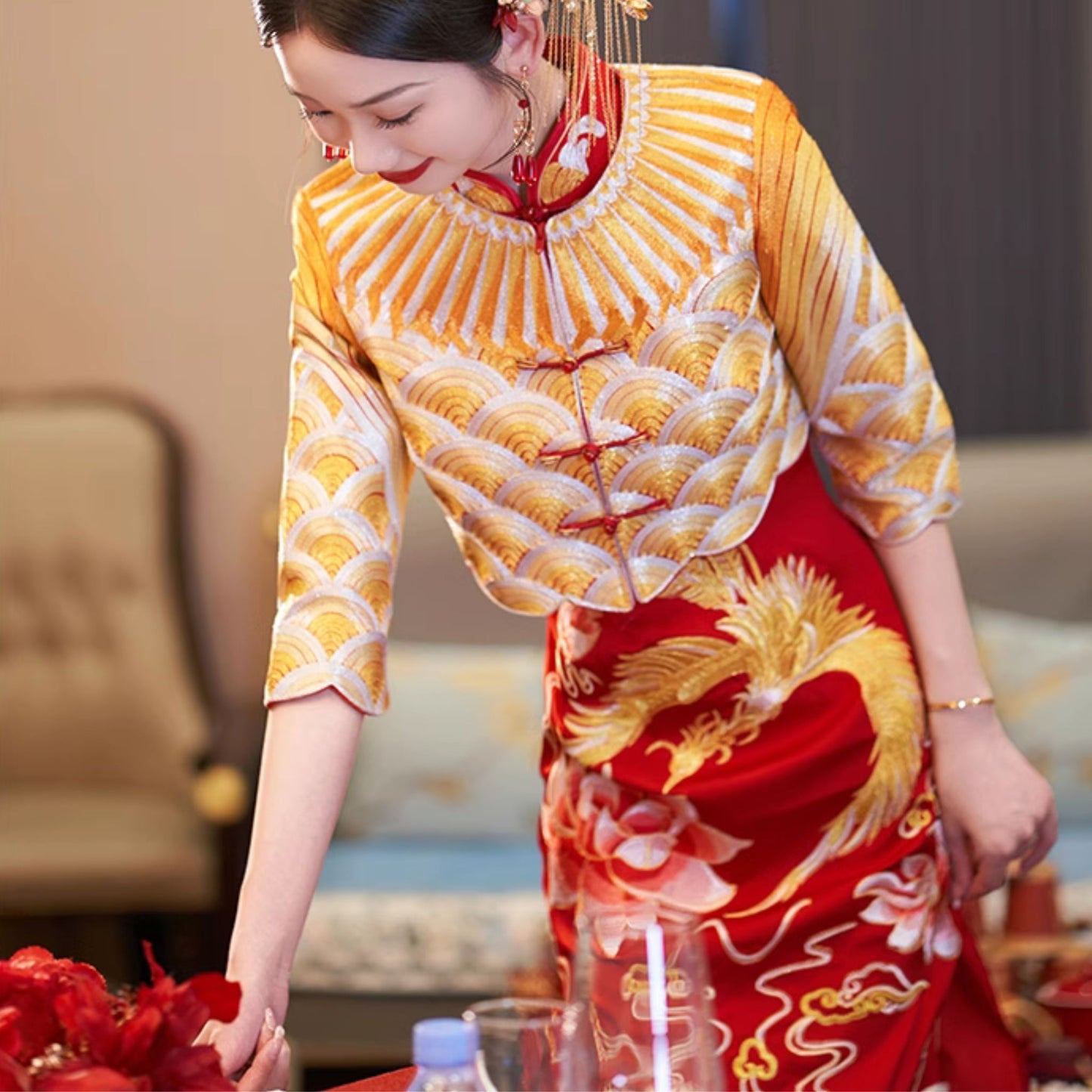 Phoenix Royal Gold Qipao Wedding Dress Xiuhefu