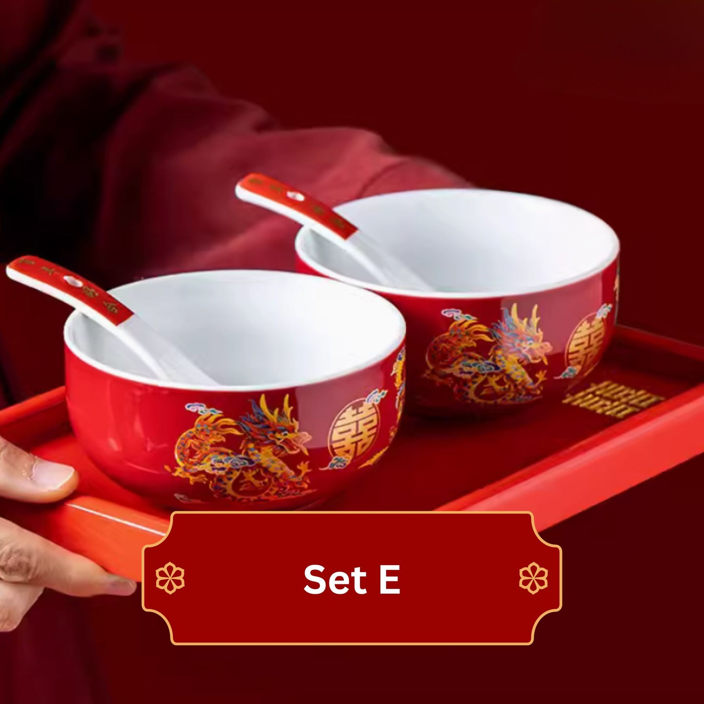 Auspicious Dragon Phoenix Red Glossy Tea Set 囍