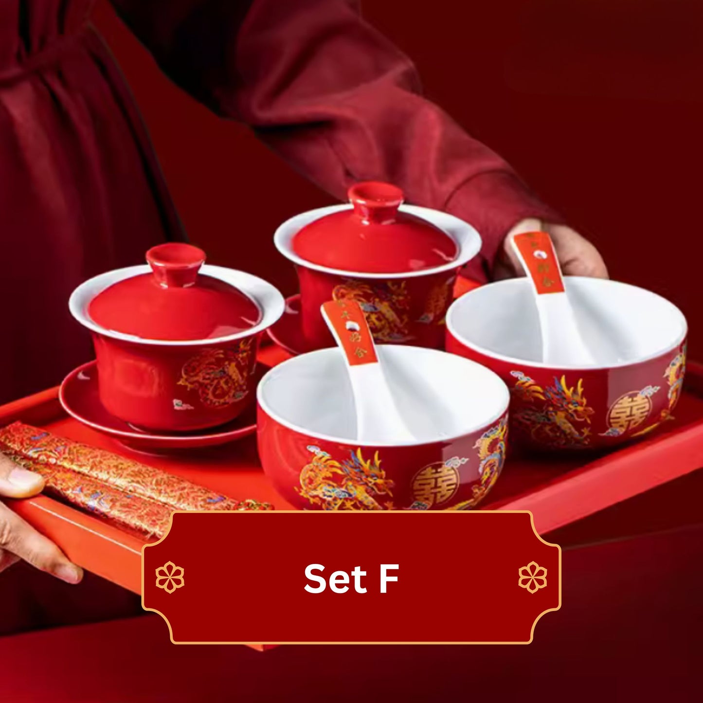 Auspicious Dragon Phoenix Red Glossy Tea Set 囍