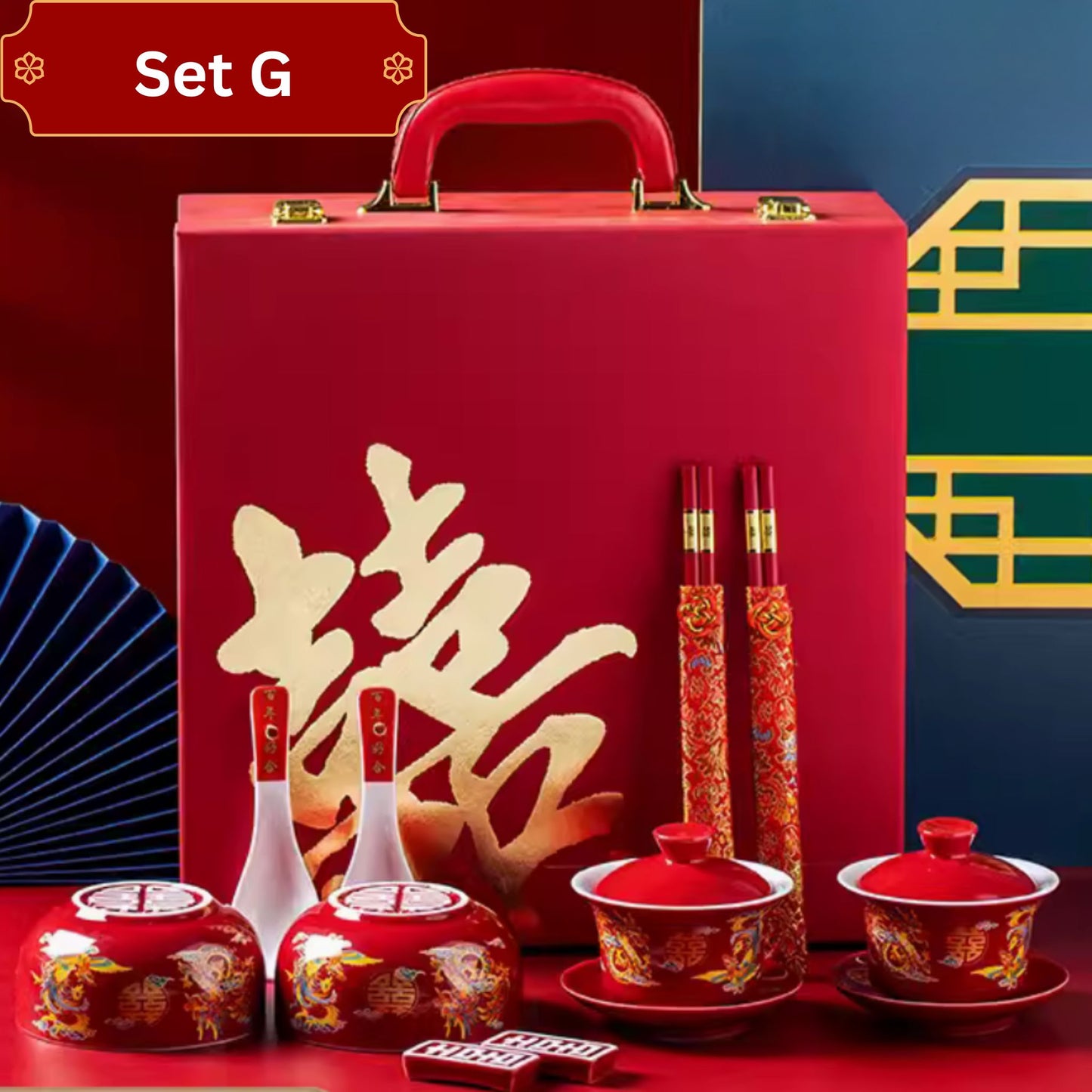 Auspicious Dragon Phoenix Red Glossy Tea Set 囍