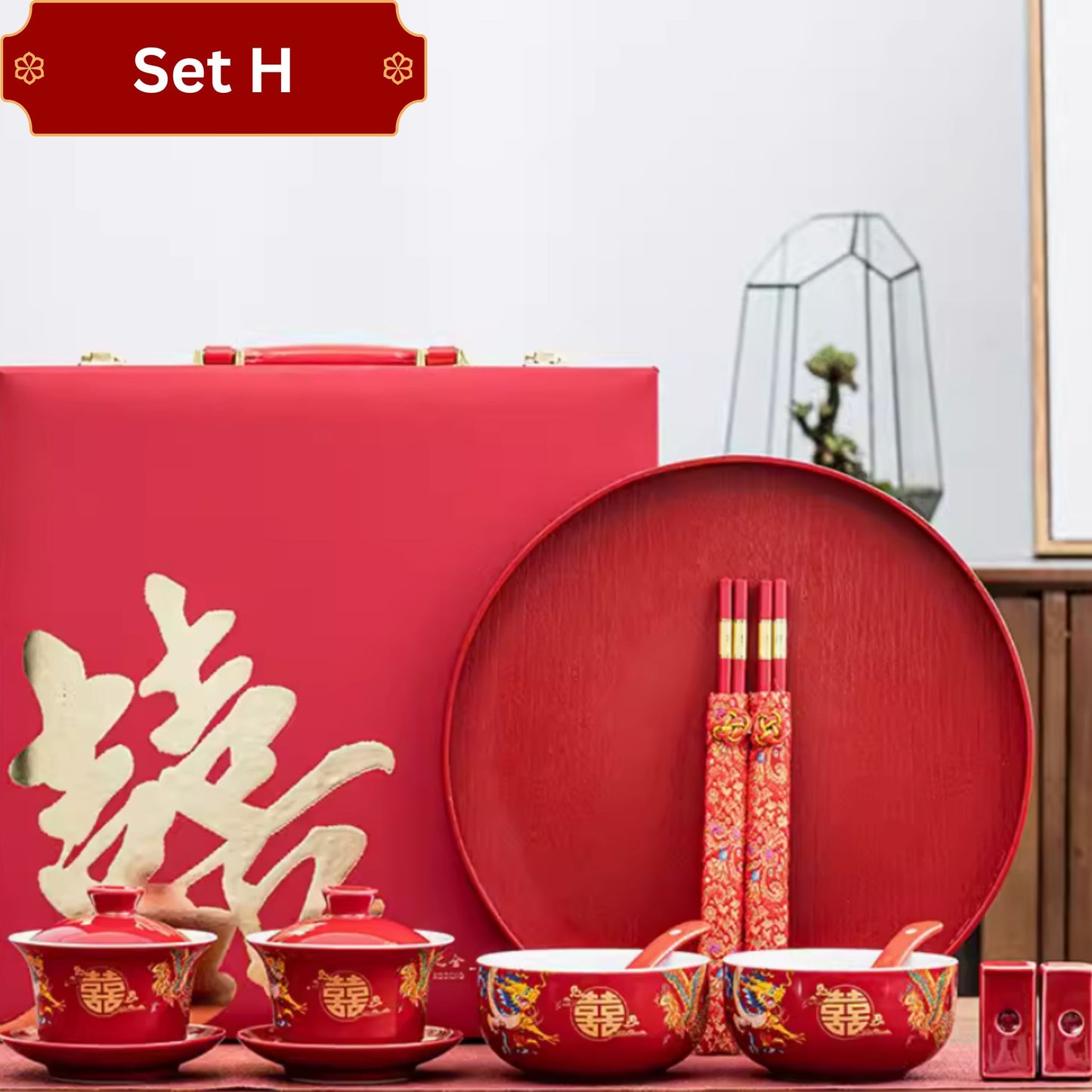 Auspicious Dragon Phoenix Red Glossy Tea Set 囍