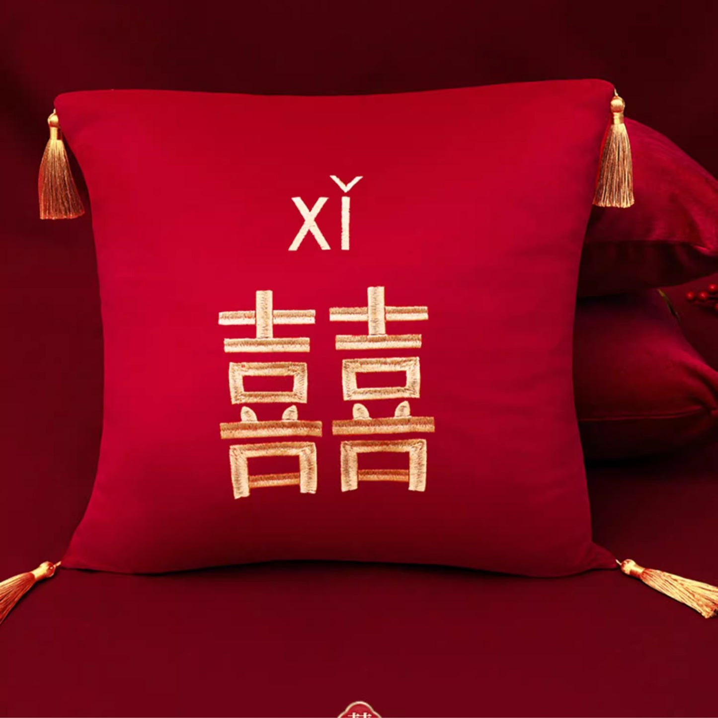 Wedding Embroidery Cushions with Gold Tassel 囍