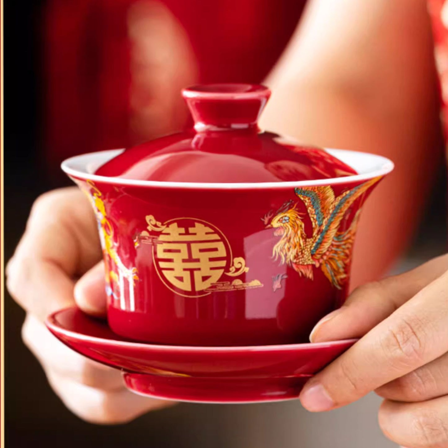 Auspicious Dragon Phoenix Red Glossy Tea Set 囍