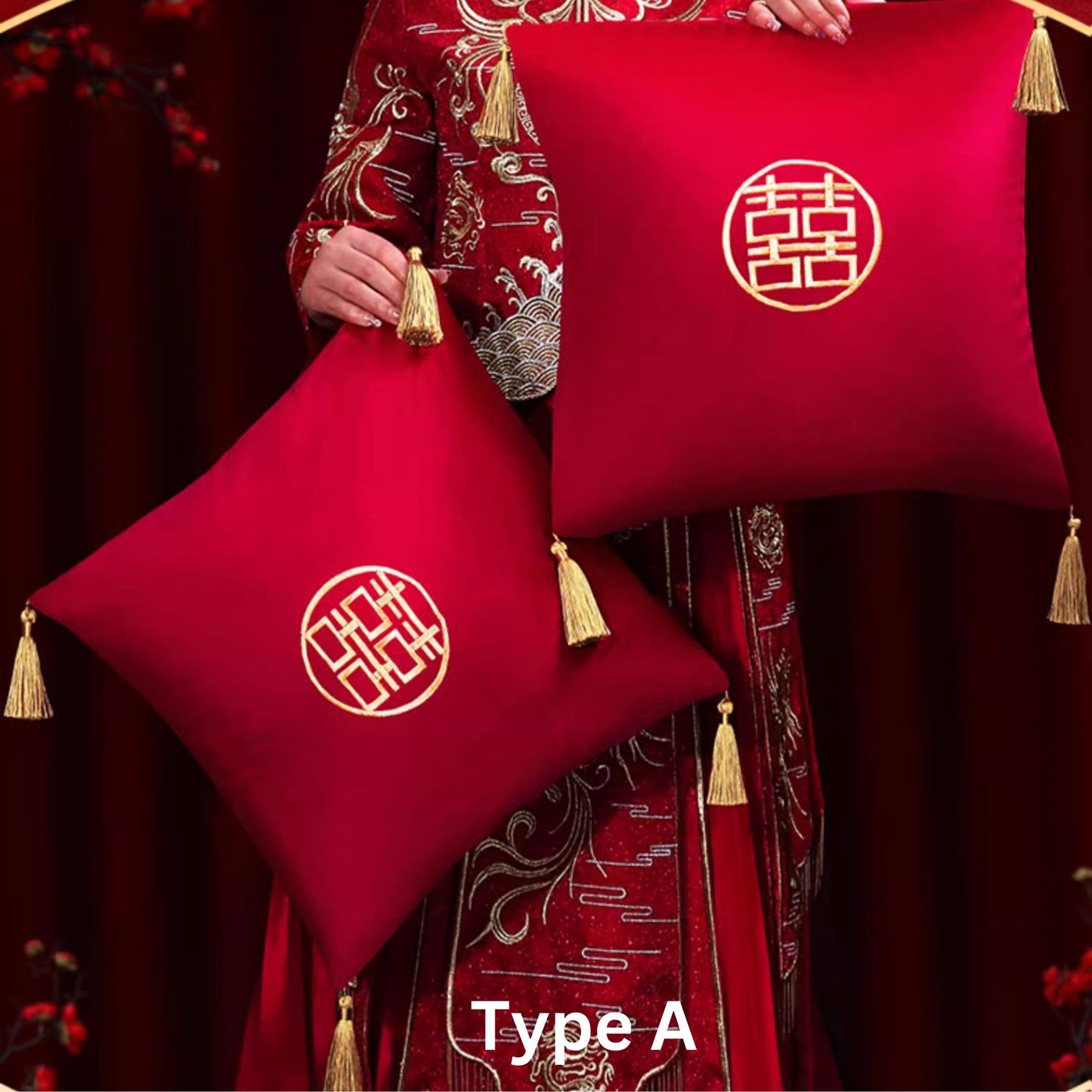 Wedding Embroidery Cushions with Gold Tassel 囍