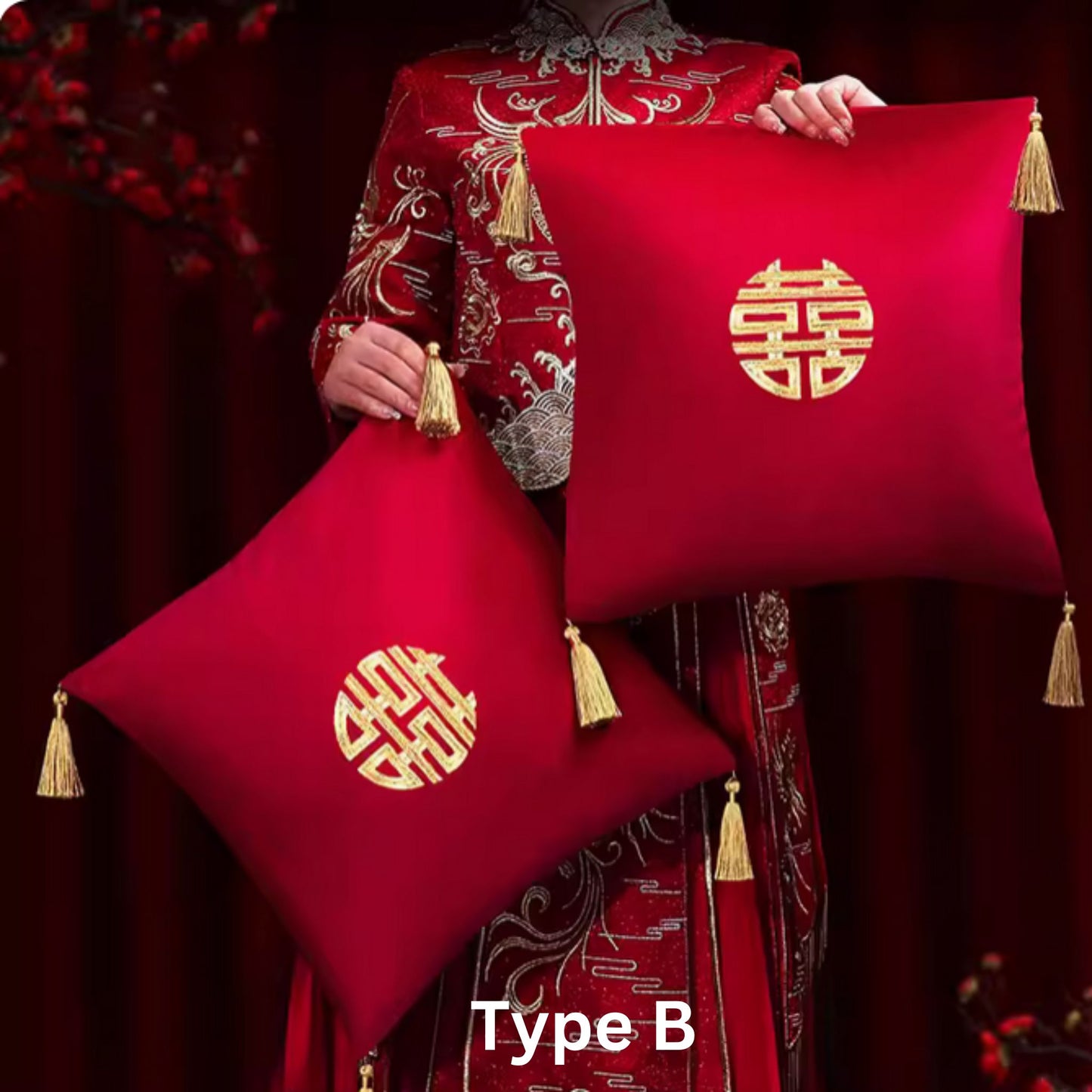 Wedding Embroidery Cushions with Gold Tassel 囍