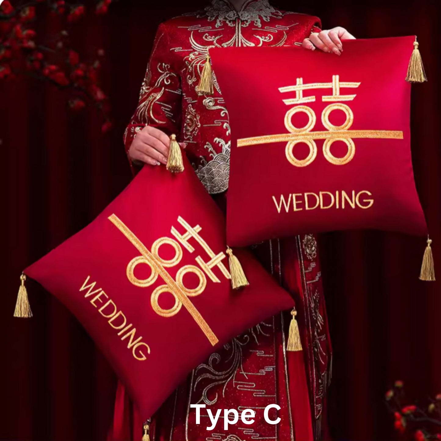 Wedding Embroidery Cushions with Gold Tassel 囍