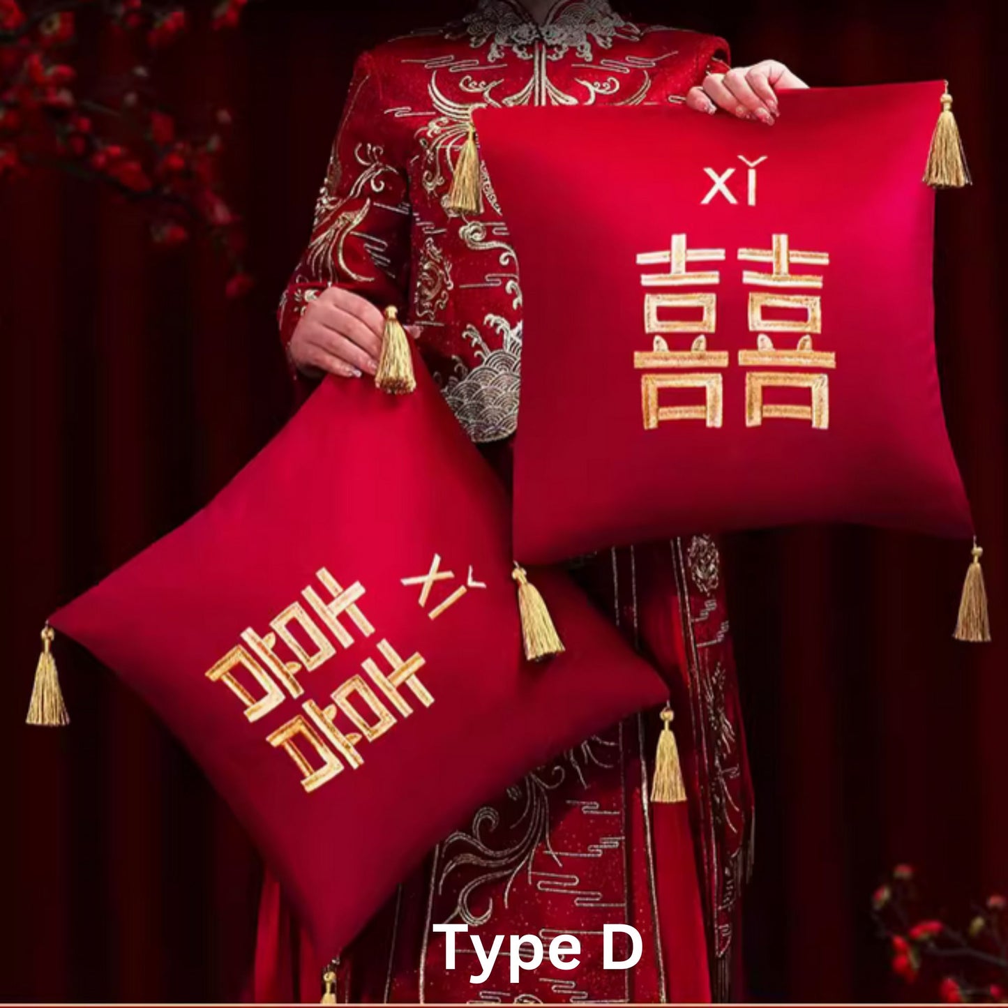 Wedding Embroidery Cushions with Gold Tassel 囍