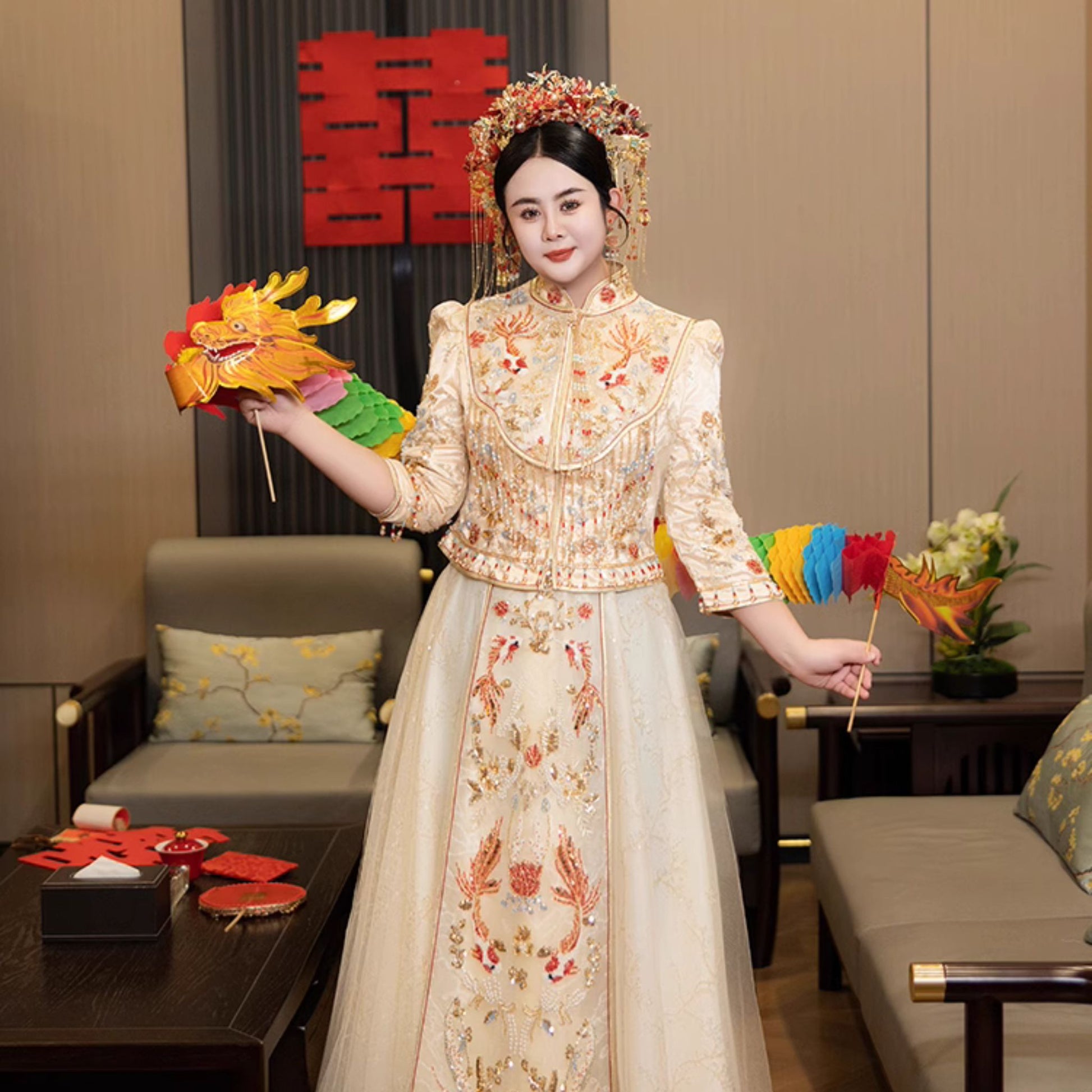 chinese bridal dress Elegant Plus-Size Xiuhefu: Champagne Chinese Bridal Gown (up to 10XL) – Mulan Weddings