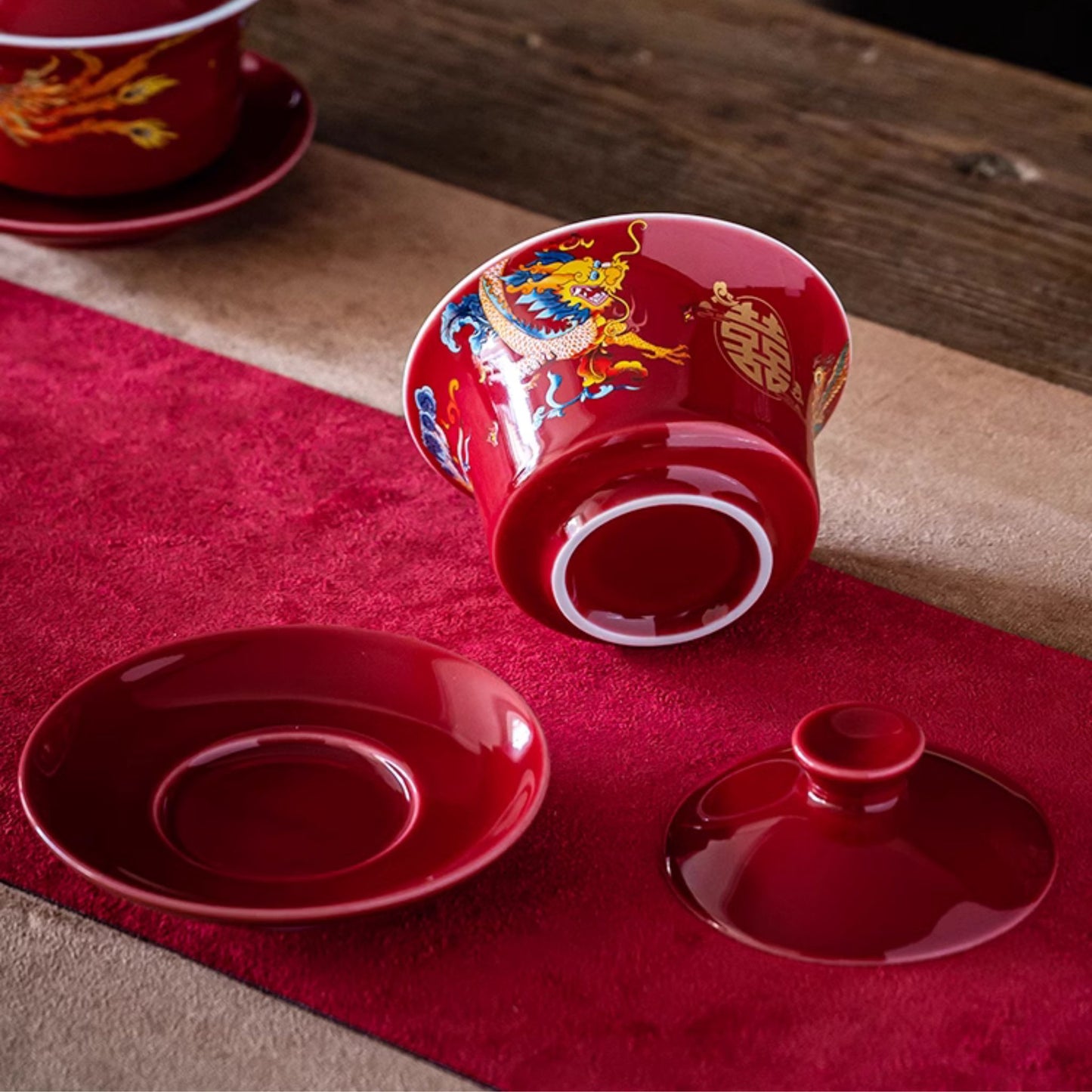 Auspicious Dragon Phoenix Red Glossy Tea Set 囍