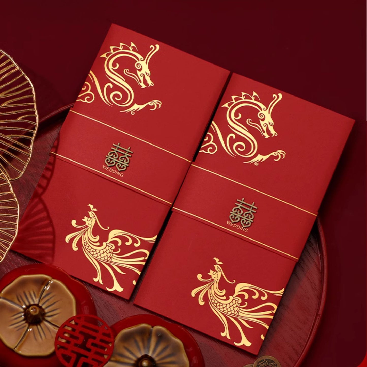 Gold Dragon Phoenix Wedding Invitation with 3D 囍