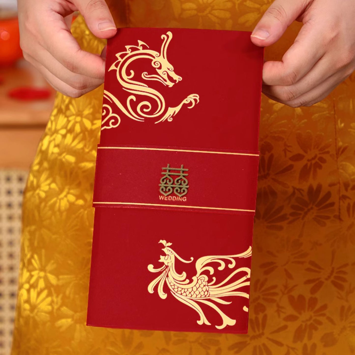 Gold Dragon Phoenix Wedding Invitation with 3D 囍