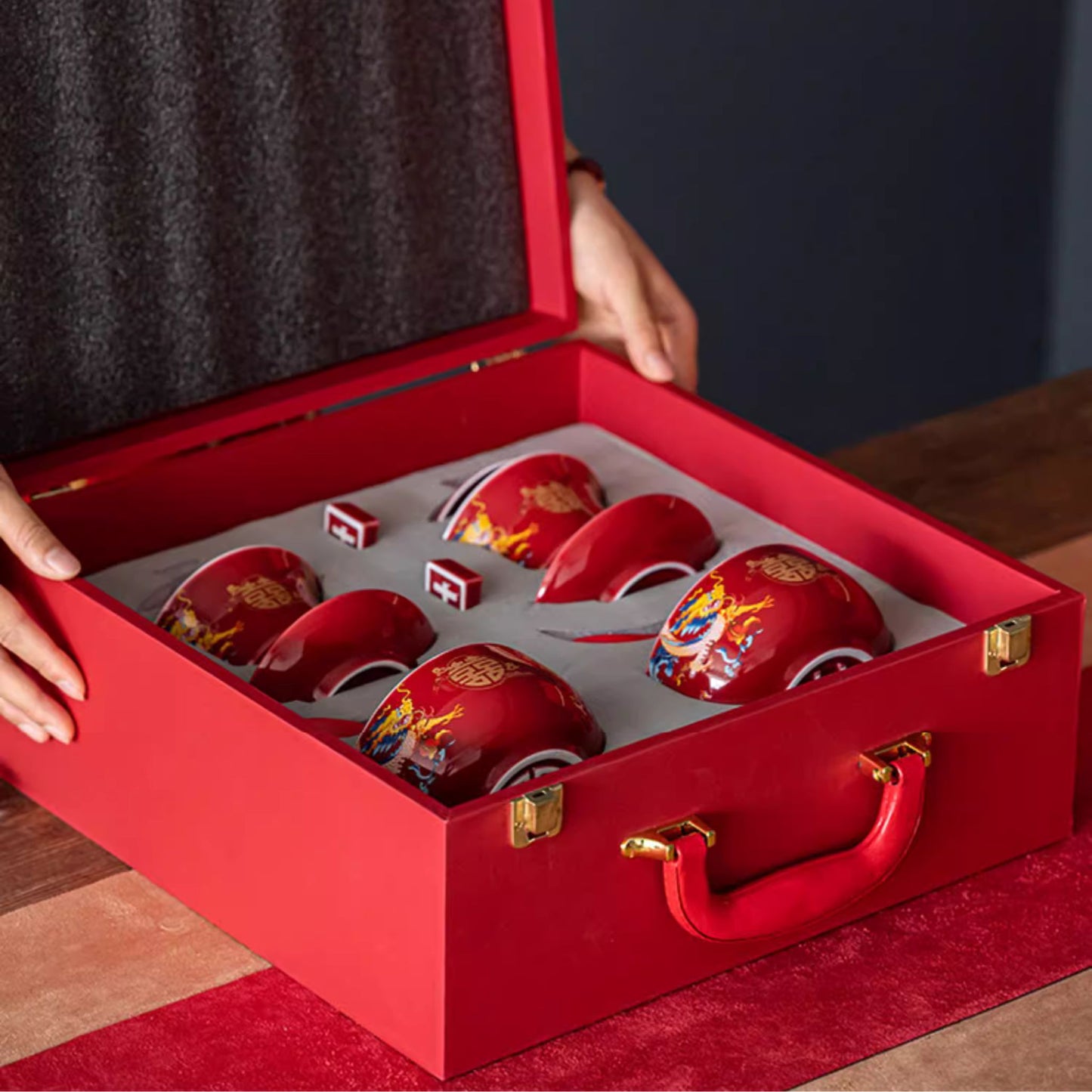 Auspicious Dragon Phoenix Red Glossy Tea Set 囍