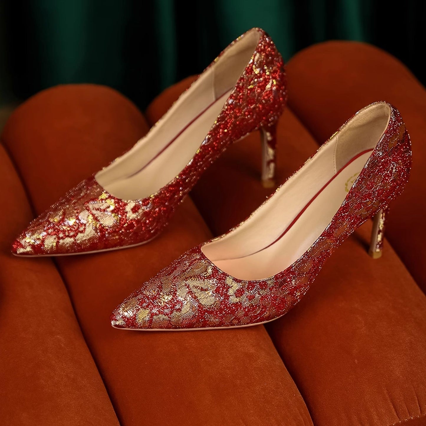 Golden Peony Embroidery Red Xiuhe Wedding Heels