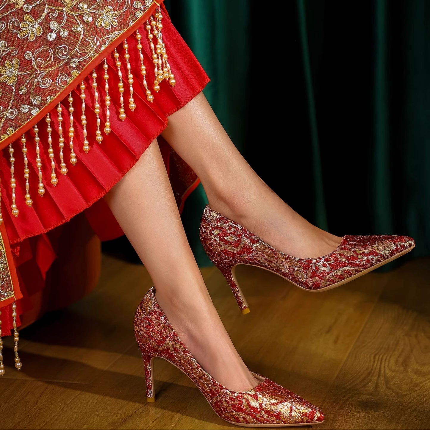 Golden Peony Embroidery Red Xiuhe Wedding Heels