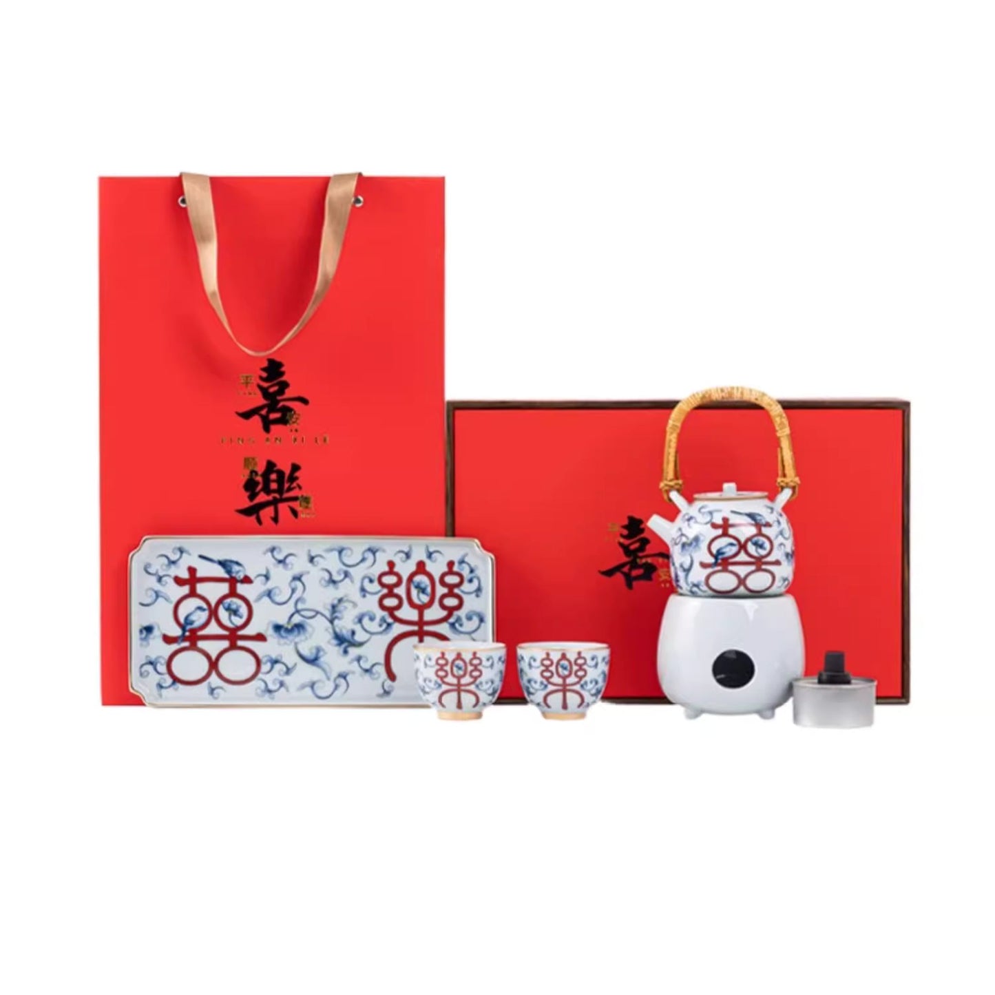 White Blue Porcelain 5-Piece Wedding Tea Ceremony Set 喜乐