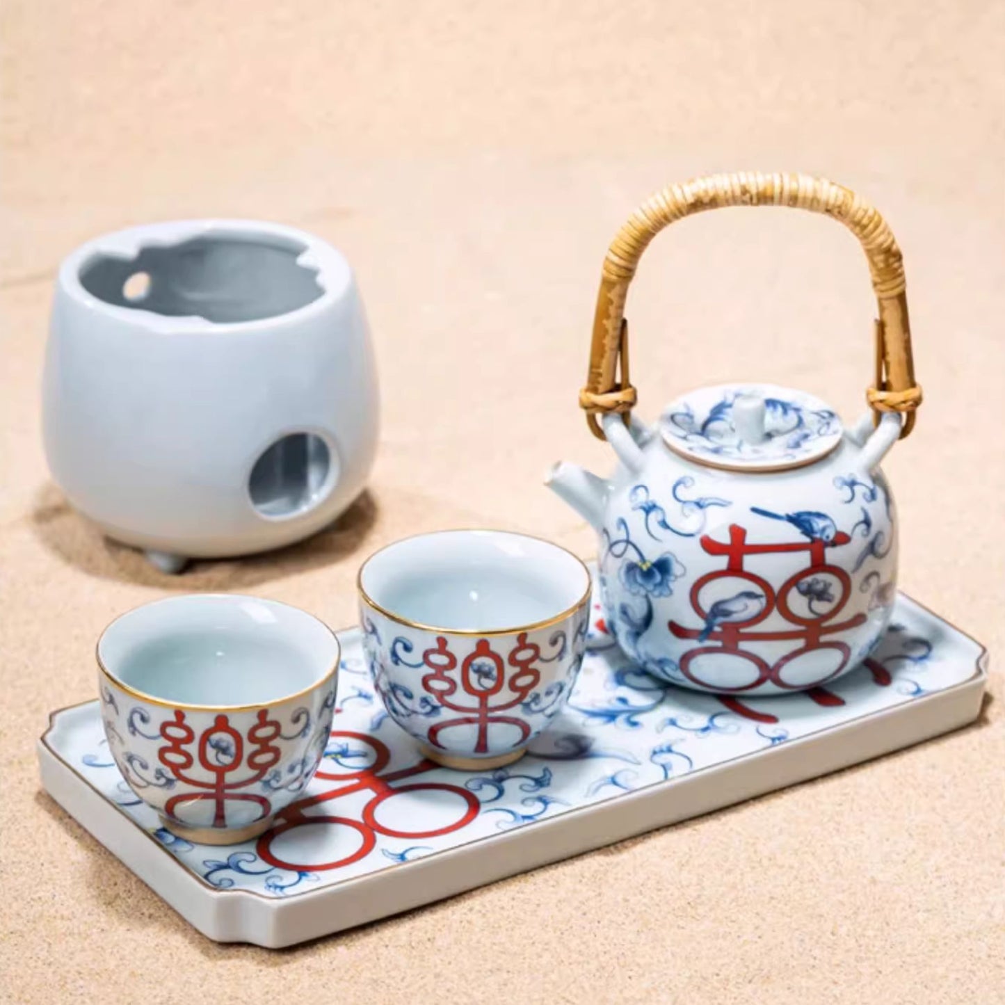 White Blue Porcelain 5-Piece Wedding Tea Ceremony Set 喜乐