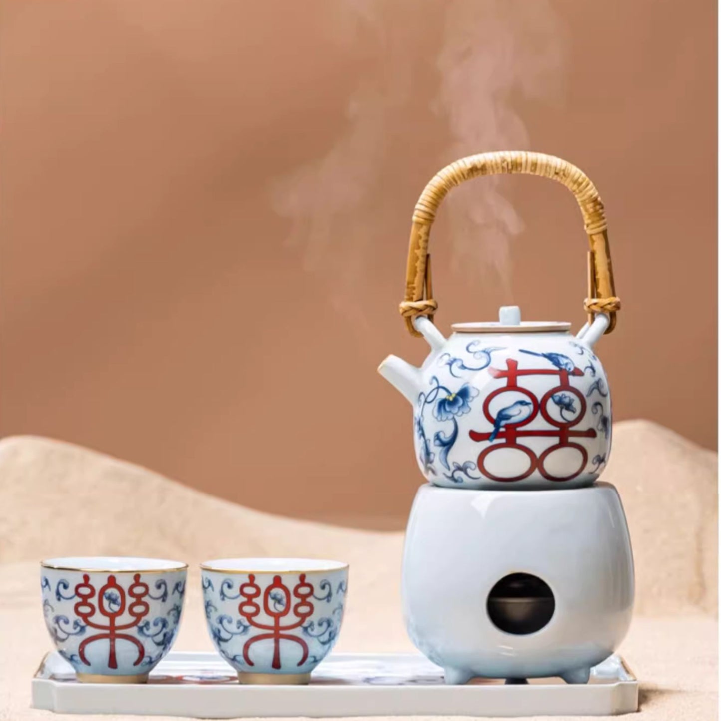 White Blue Porcelain 5-Piece Wedding Tea Ceremony Set 喜乐