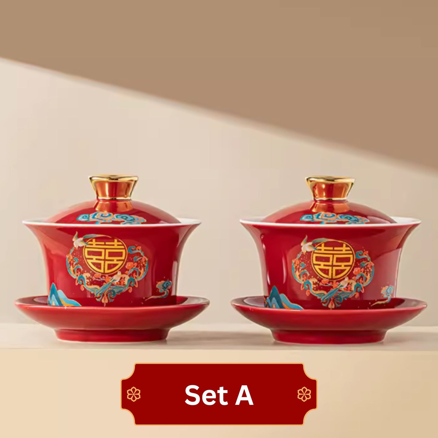 Red Tea Ceremony Set with Magpie Drawings 喜鹊改口喜杯