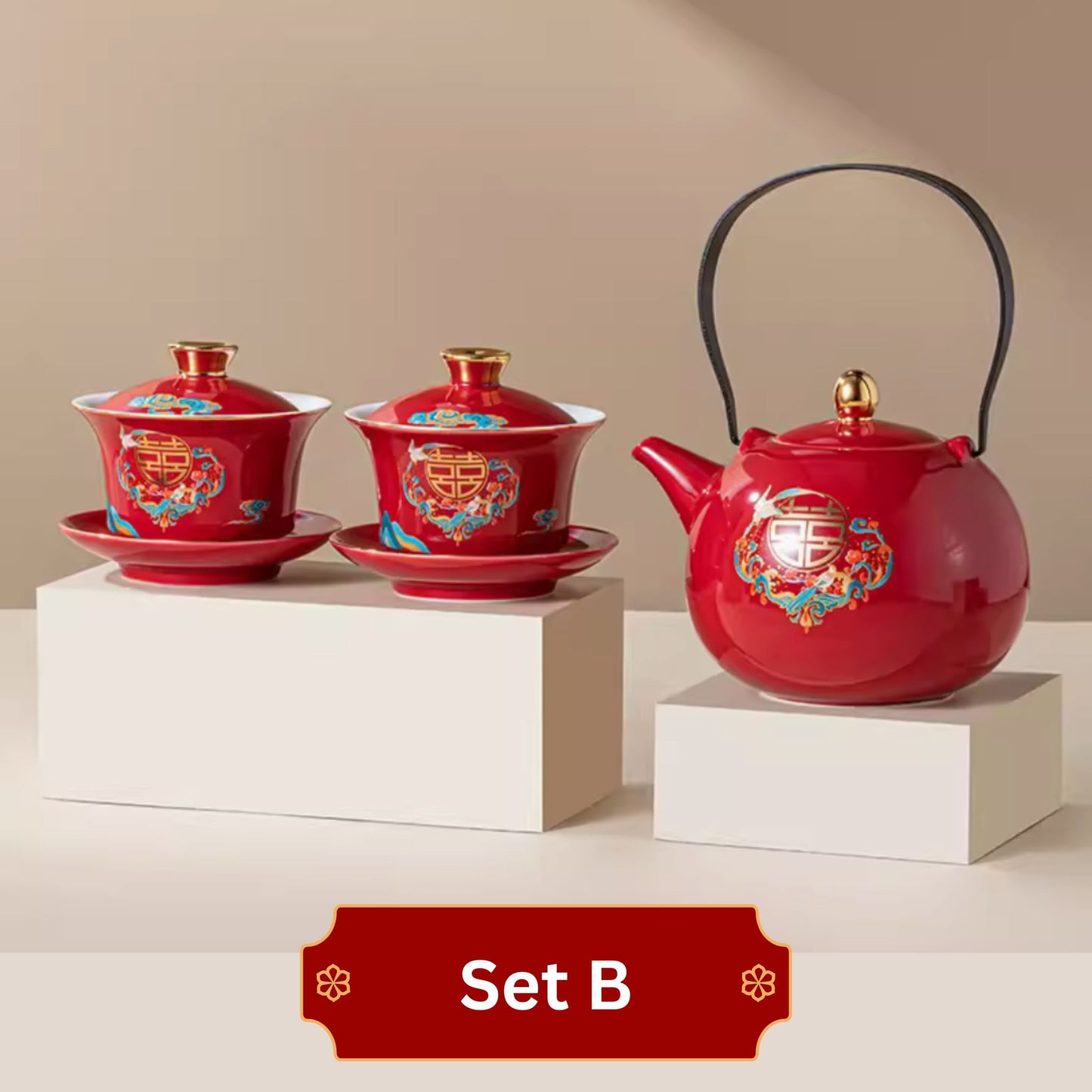 Red Tea Ceremony Set with Magpie Drawings 喜鹊改口喜杯