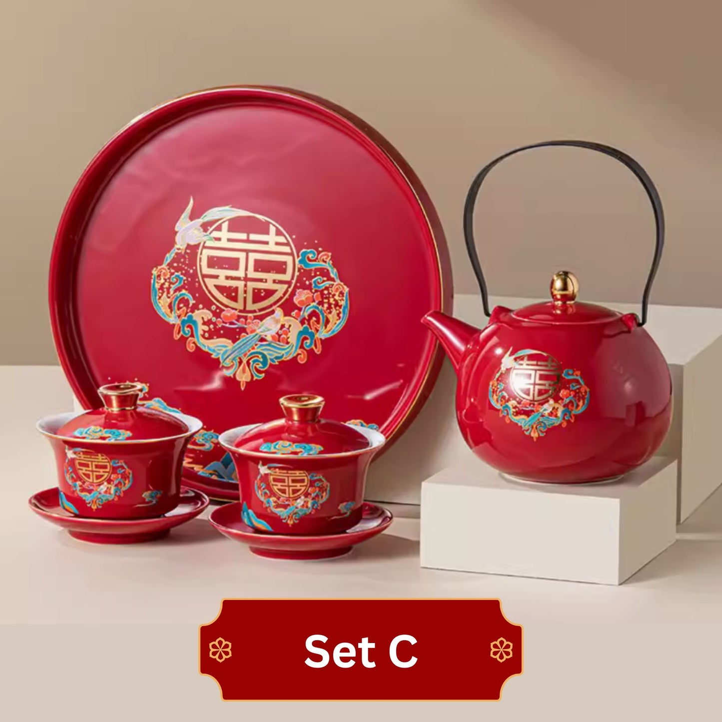 Red Tea Ceremony Set with Magpie Drawings 喜鹊改口喜杯