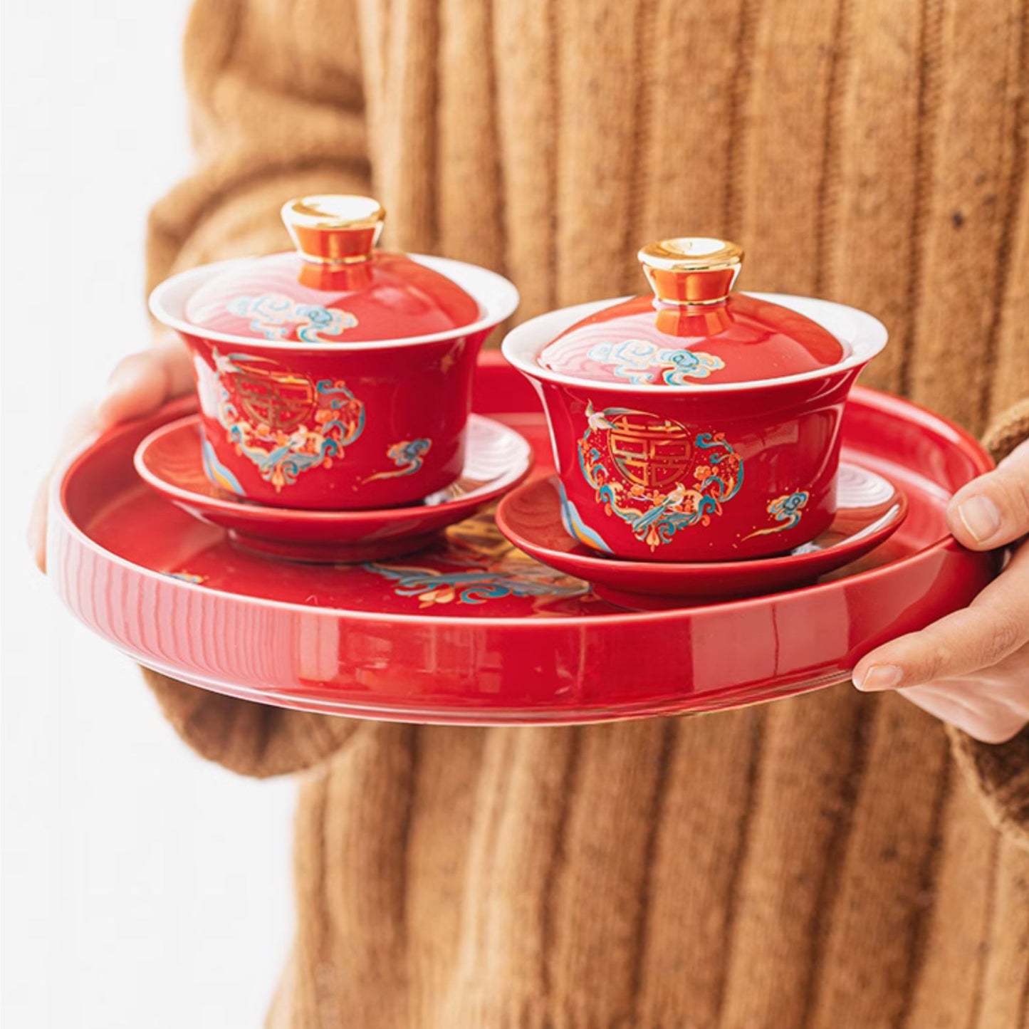 Red Tea Ceremony Set with Magpie Drawings 喜鹊改口喜杯