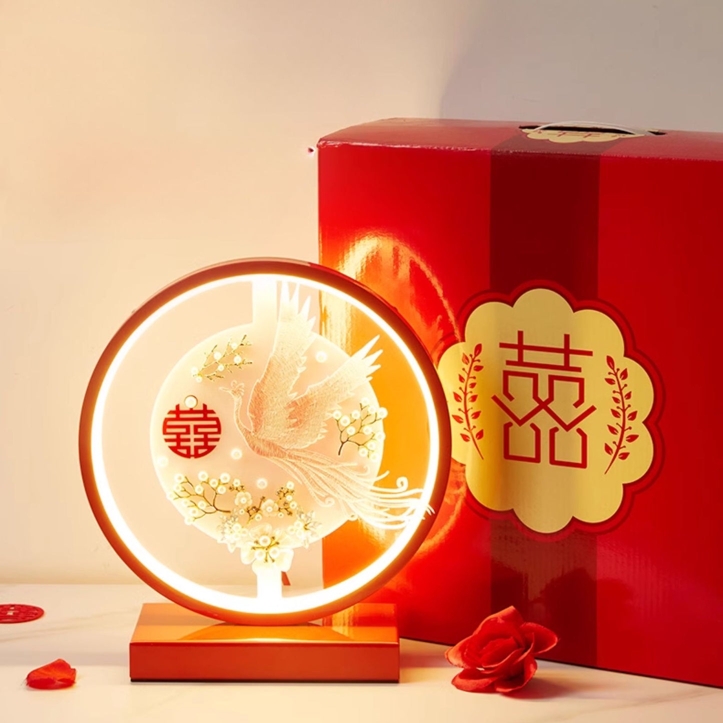 LED Dragon Phoenix Round Red Double Happiness Decorative Wedding Lamp 囍