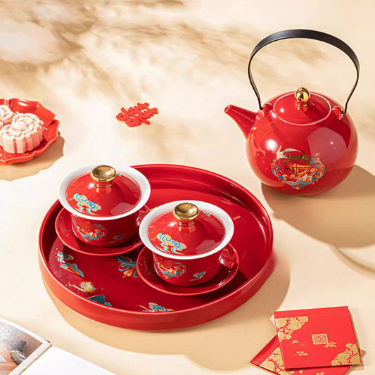 Red Tea Ceremony Set with Magpie Drawings 喜鹊改口喜杯