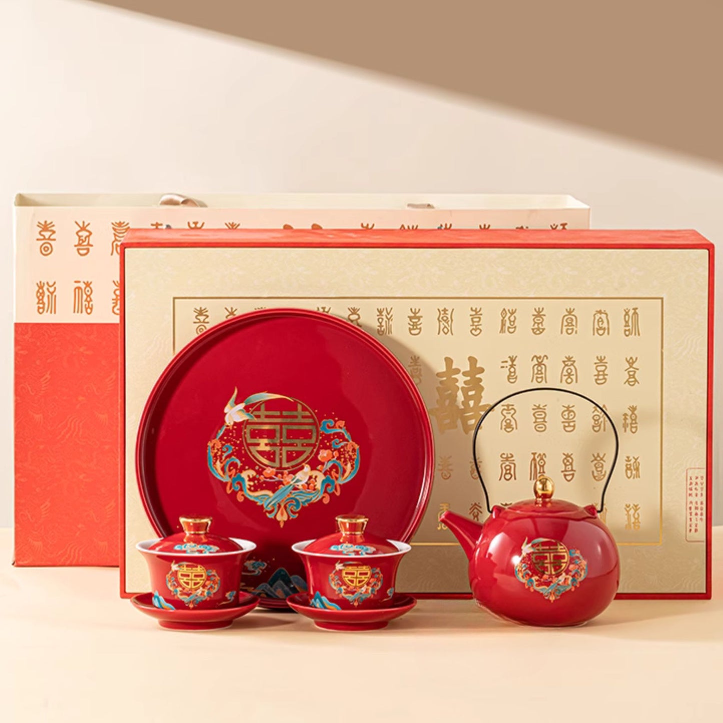 Red Tea Ceremony Set with Magpie Drawings 喜鹊改口喜杯