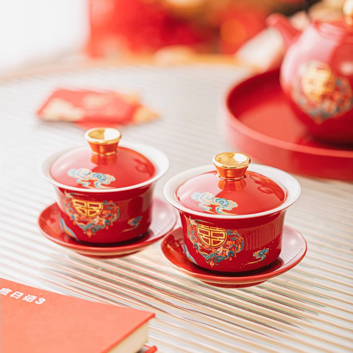 Red Tea Ceremony Set with Magpie Drawings 喜鹊改口喜杯