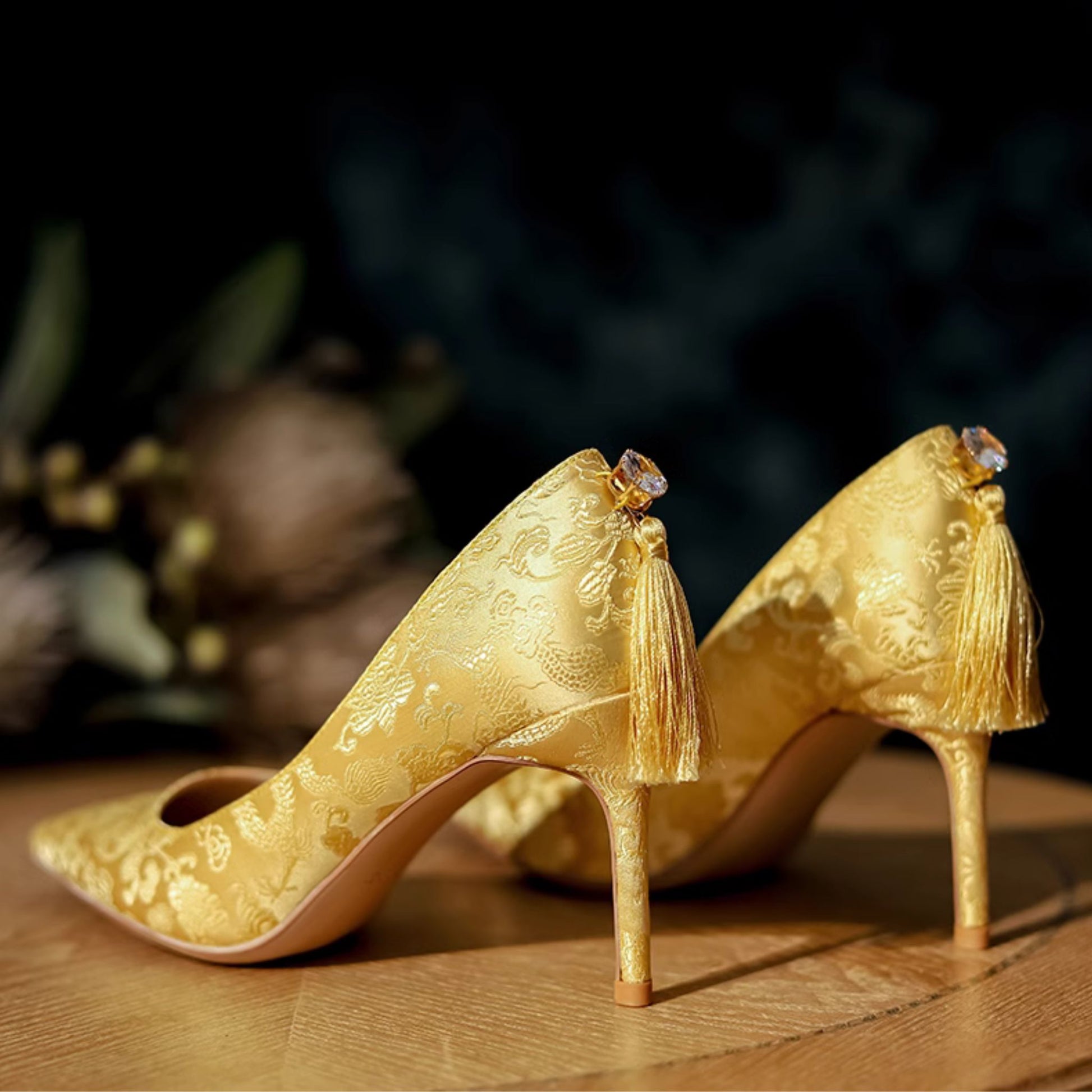 Champagne Gold Embroidery XiuHe High Heel Wedding Shoes – Mulan Weddings Champagne Gold Embroidery XiuHe High Heel Wedding Shoes – Mulan Weddings