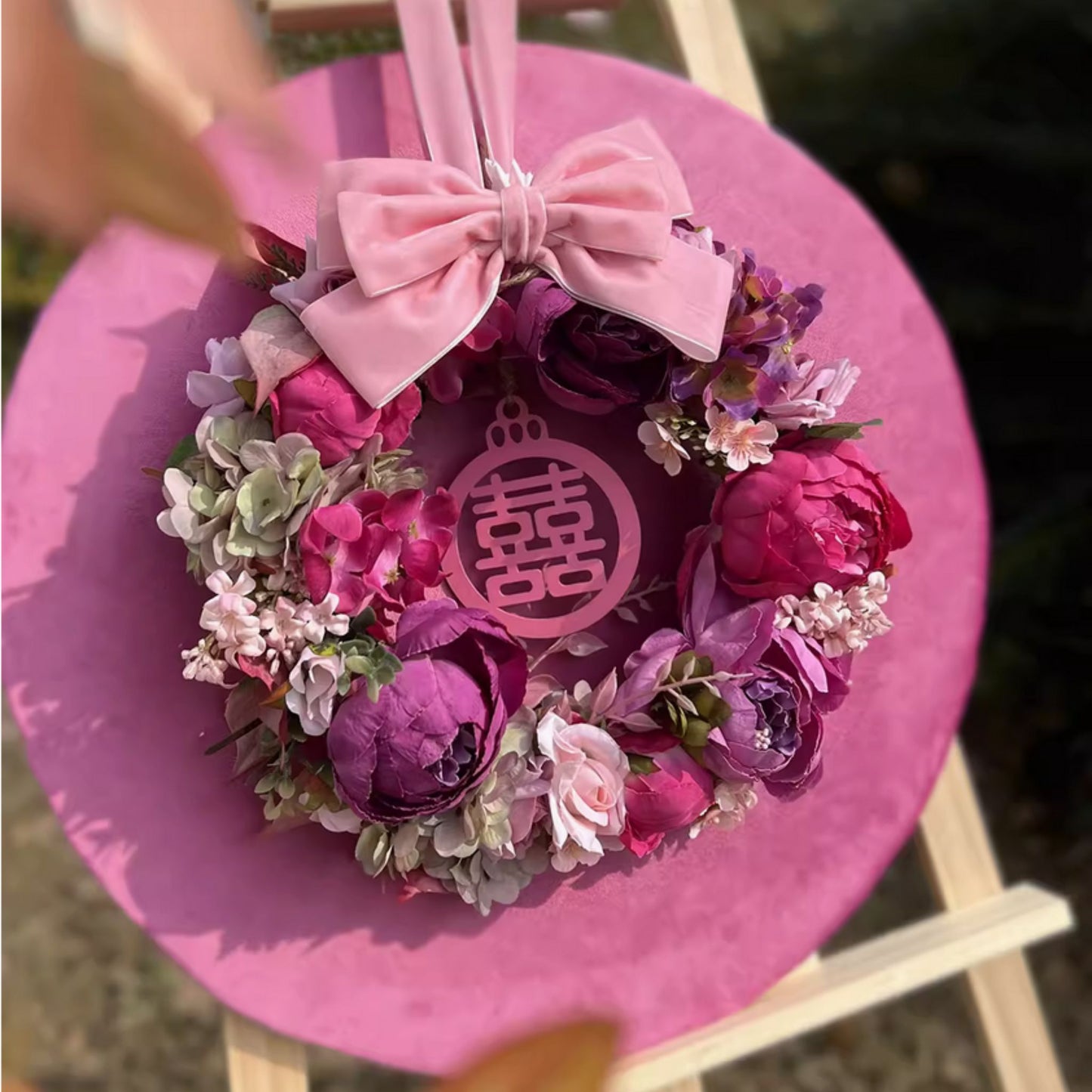 Peony Double Happiness Wedding Flower Decoration 喜字牡丹花环挂饰