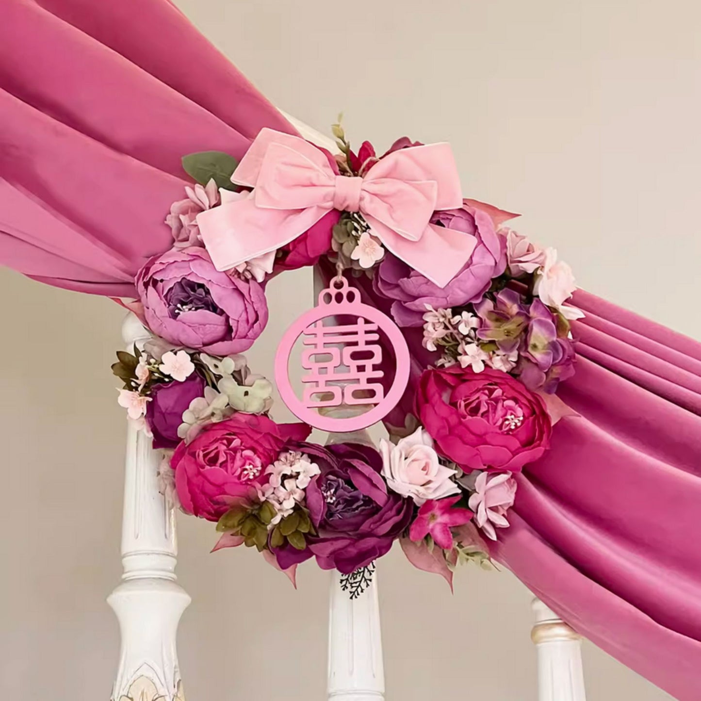 Peony Double Happiness Wedding Flower Decoration 喜字牡丹花环挂饰