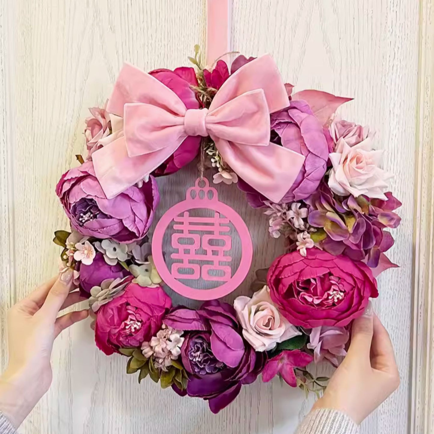 Peony Double Happiness Wedding Flower Decoration 喜字牡丹花环挂饰