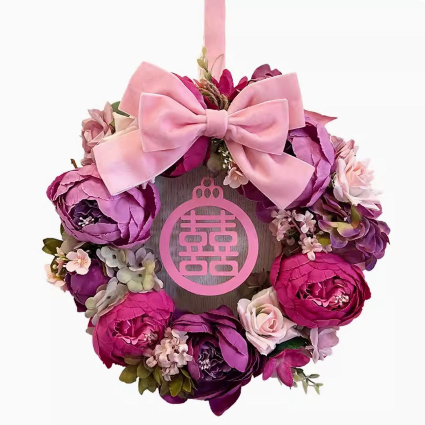 Peony Double Happiness Wedding Flower Decoration 喜字牡丹花环挂饰